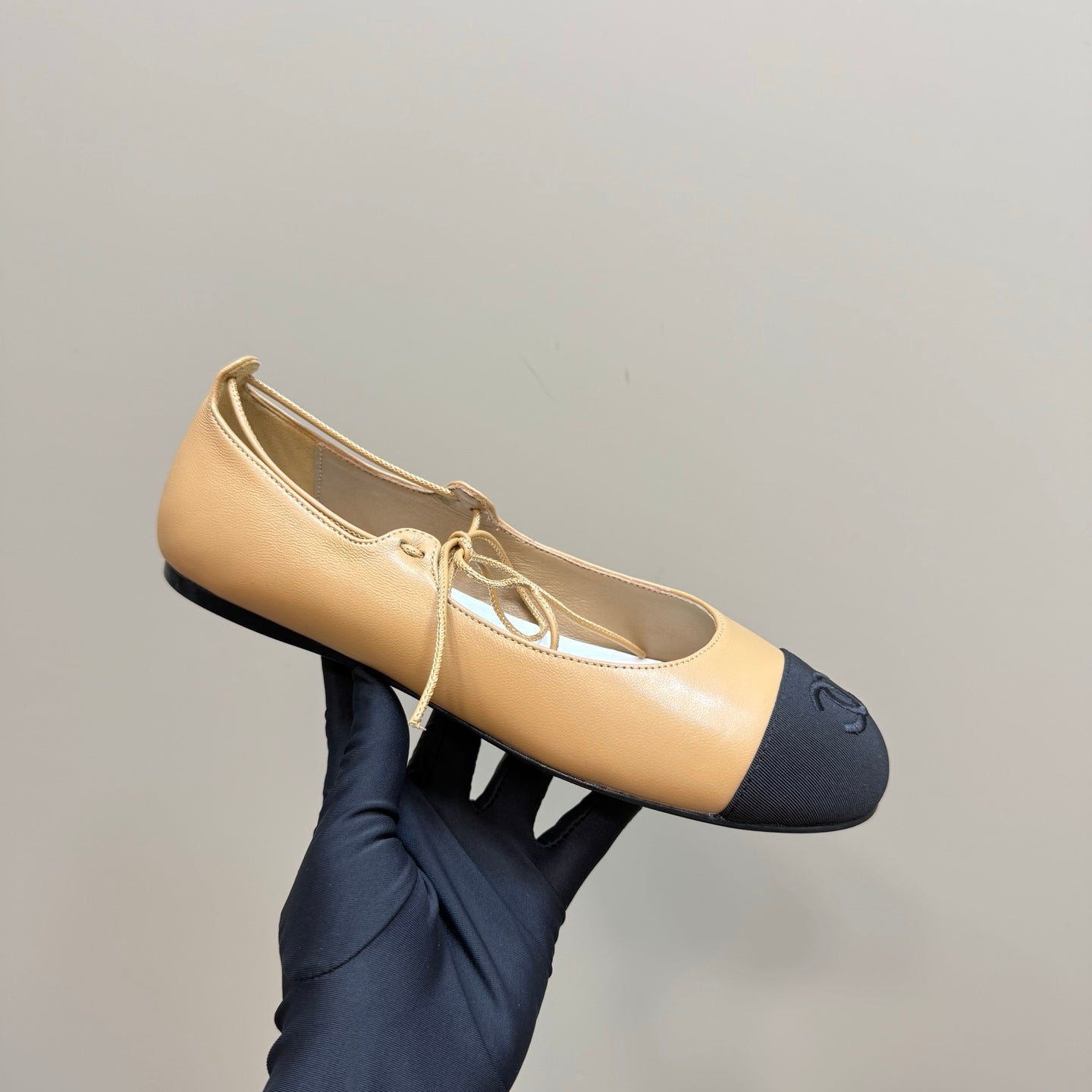 CHANEL 25 Mary Jane Flat Buff Brown Leather with Fabric 239406