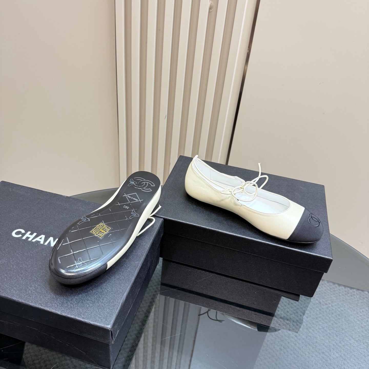 CHANEL 25 Mary Jane Flat Beige Cream Leather with Fabric 239407