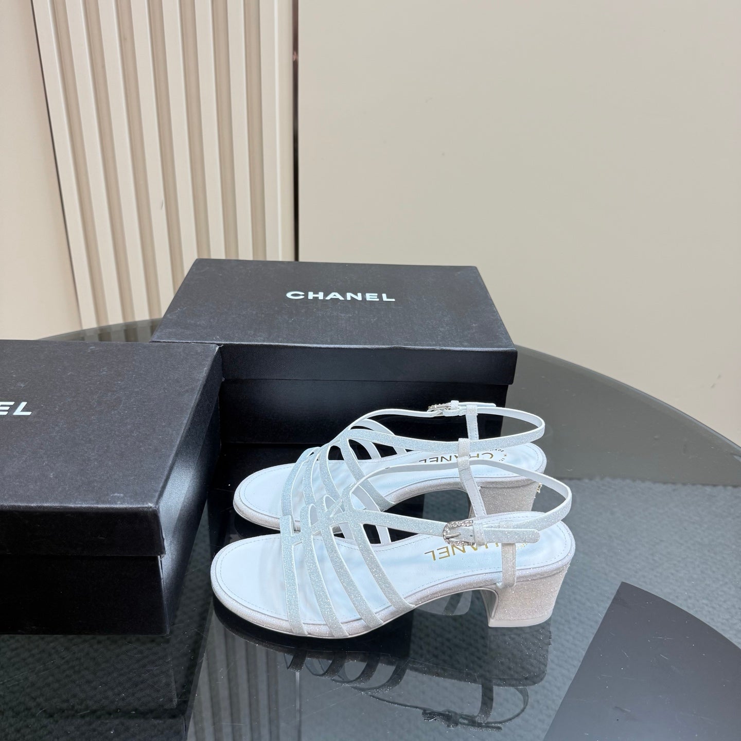 CHANEL 25 Sandal Heels White Sheepskin 239419