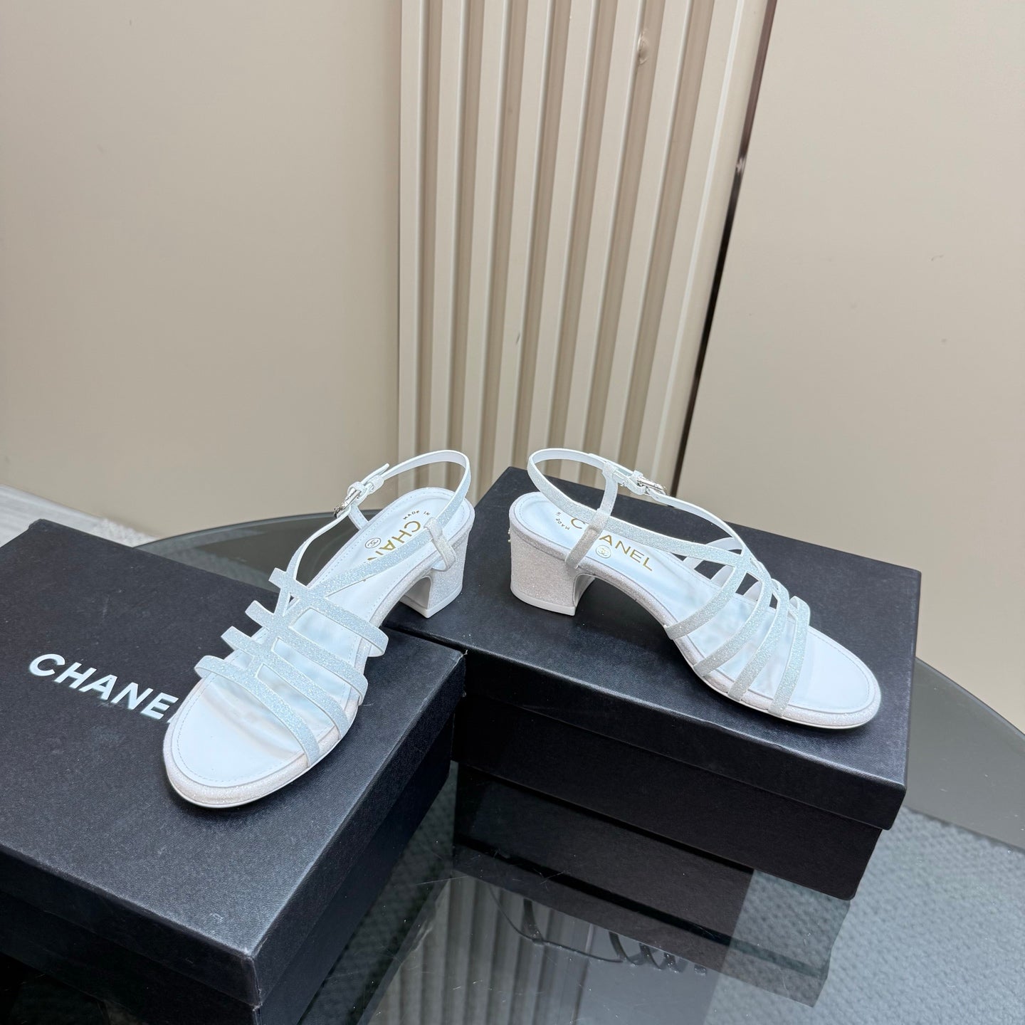 CHANEL 25 Sandal Heels White Sheepskin 239419