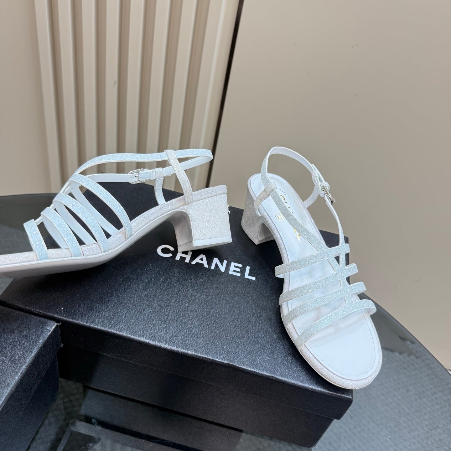 CHANEL 25 Sandal Heels White Sheepskin 239419