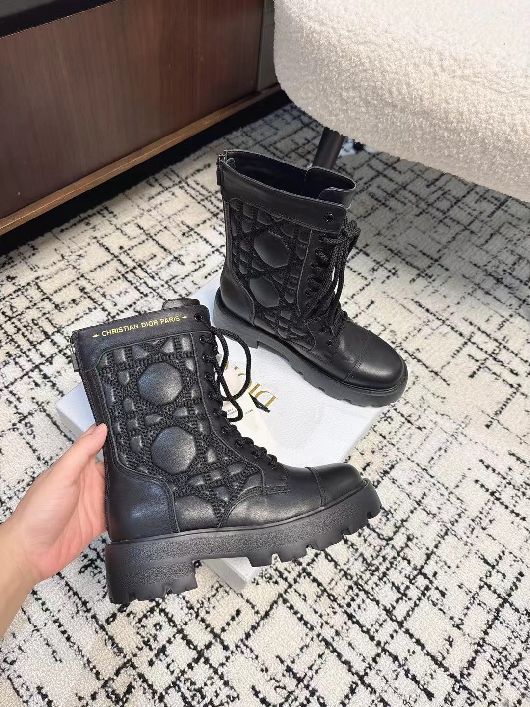 DIOR D-Unit Ankle Boot Plain Black Calfskin