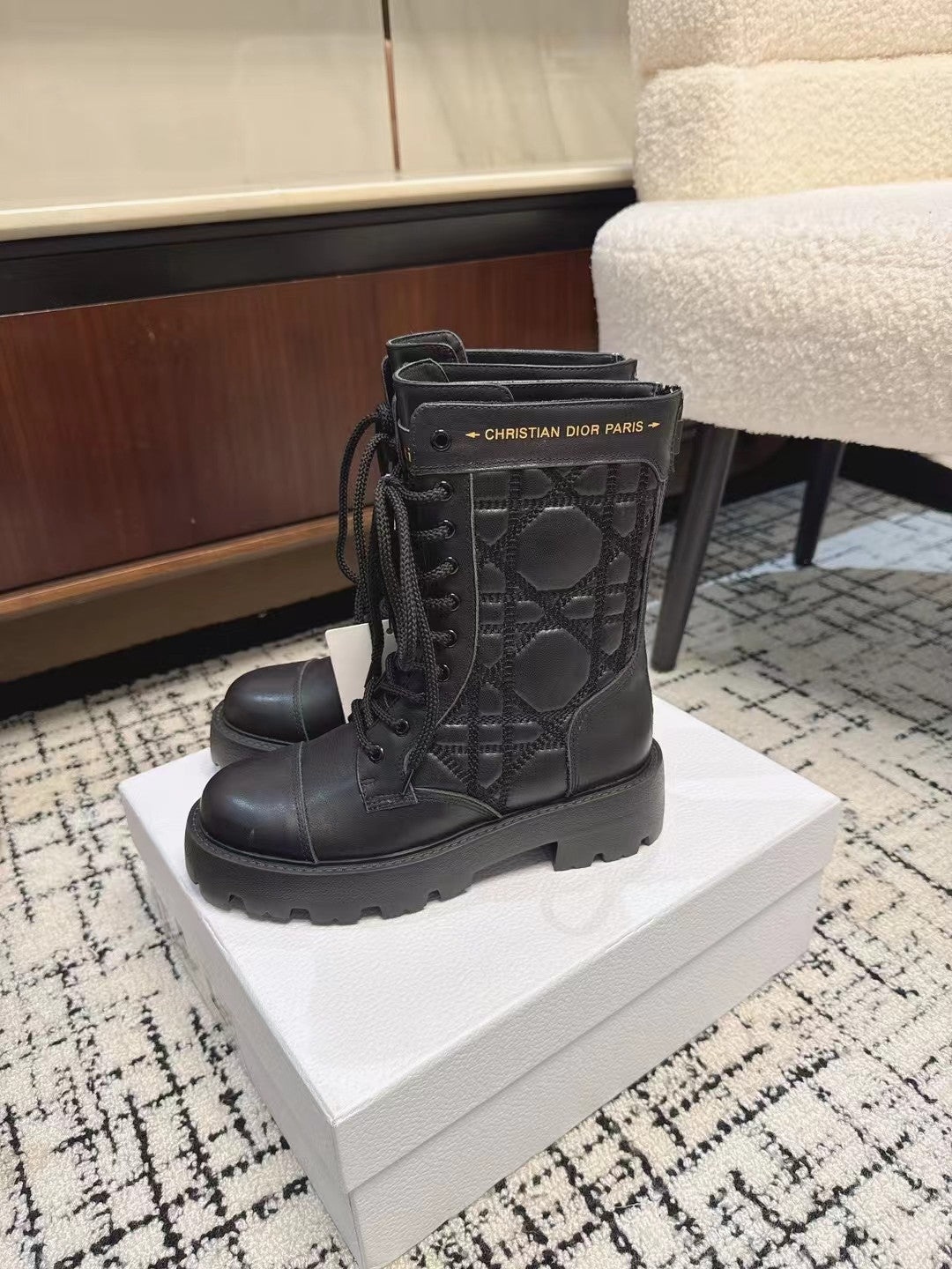 DIOR D-Unit Ankle Boot Plain Black Calfskin