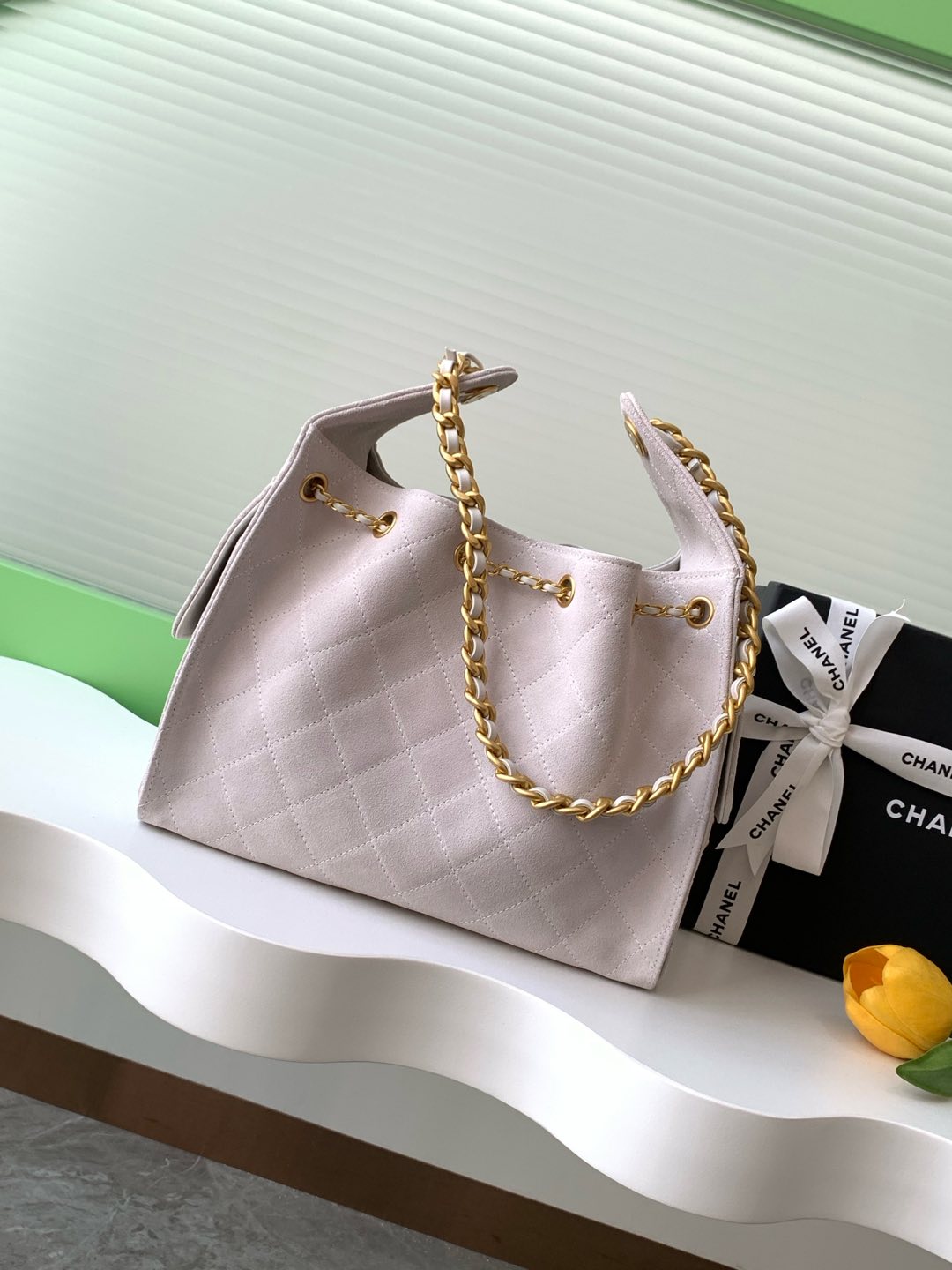 CHANEL 25C Hobo Bag 30cm Light Pink Suede