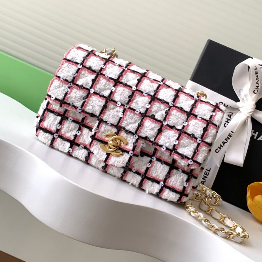 CHANEL 25C Pink White Black Tweed Gold Hardware