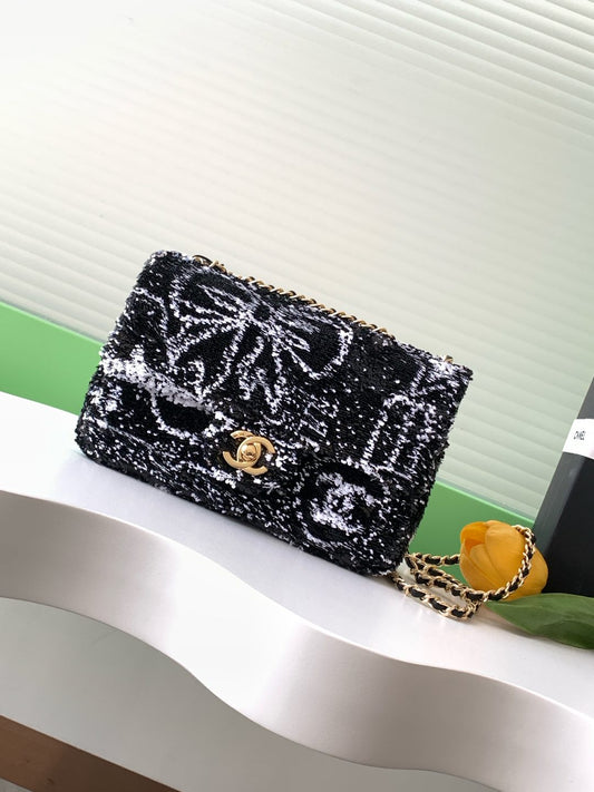 CHANEL 24S Flap Bag Mini 21cm Black White Sequin Gold Hardware 238439