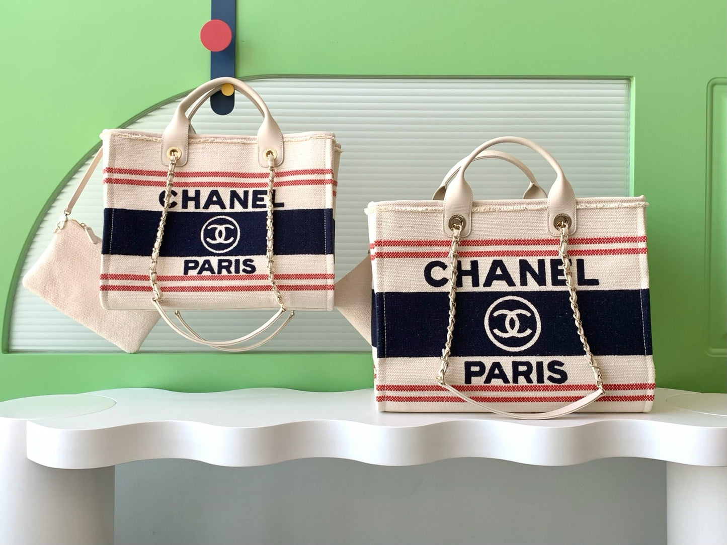 CHANEL 25C ToTe Bag Beige Navy Blue Canvas Fabric 238518