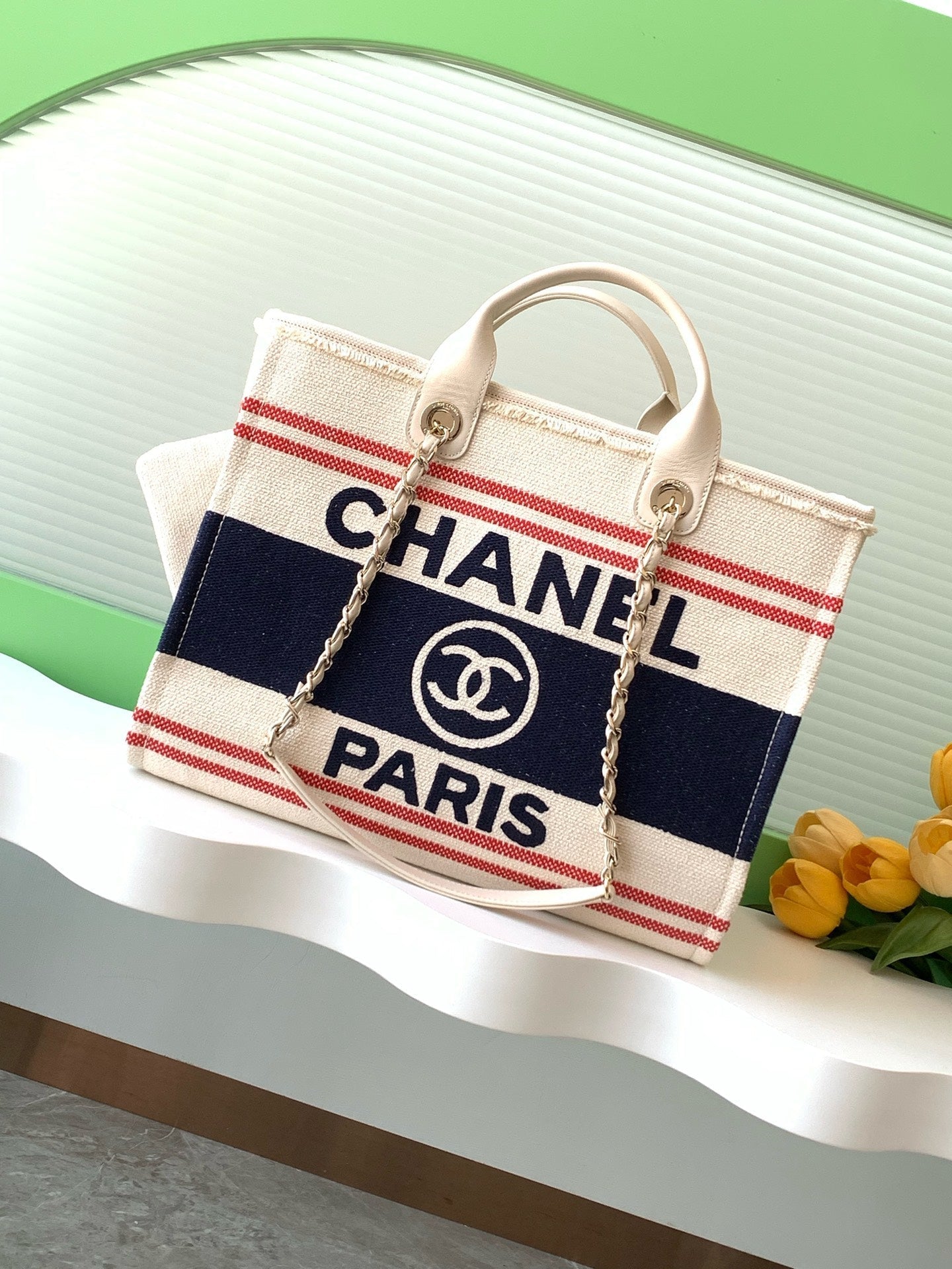 CHANEL 25C ToTe Bag Beige Navy Blue Canvas Fabric 238518