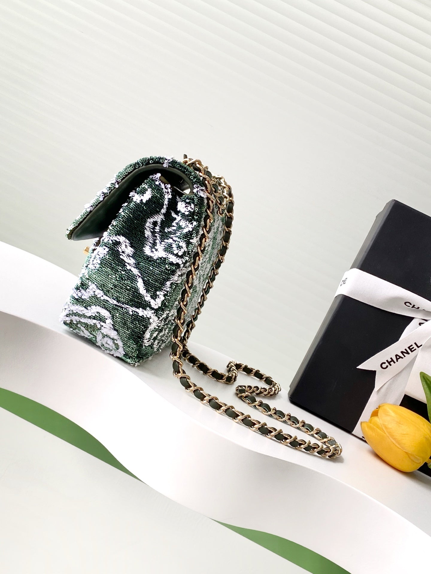 CHANEL 25C Dark Green White Sequin Gold Hardware