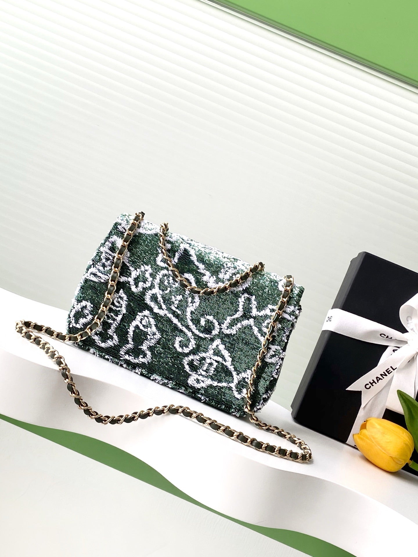 CHANEL 25C Dark Green White Sequin Gold Hardware
