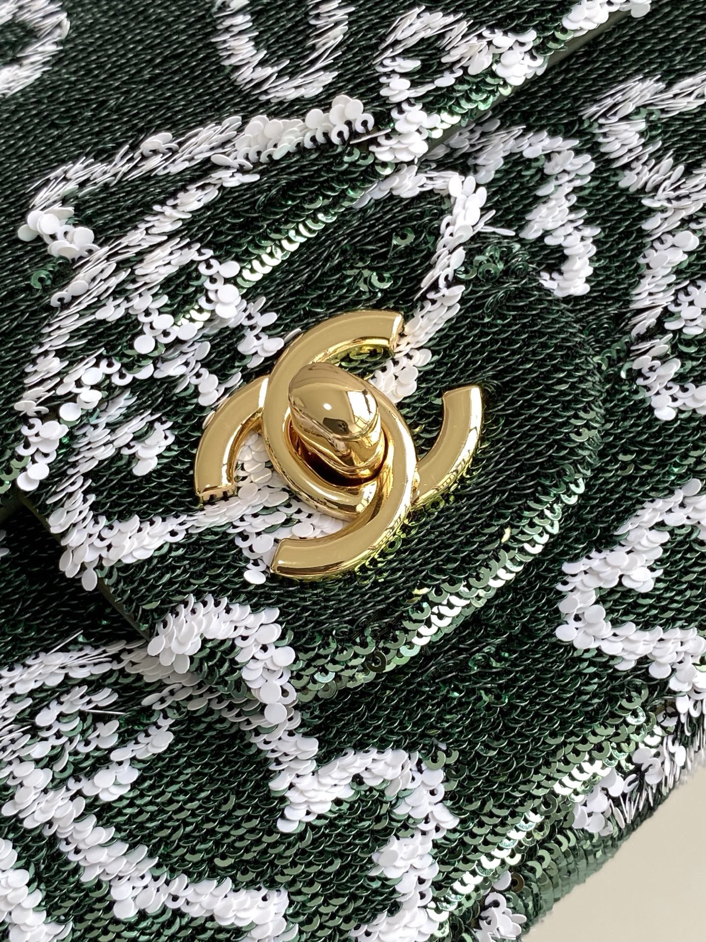 CHANEL 25C Dark Green White Sequin Gold Hardware