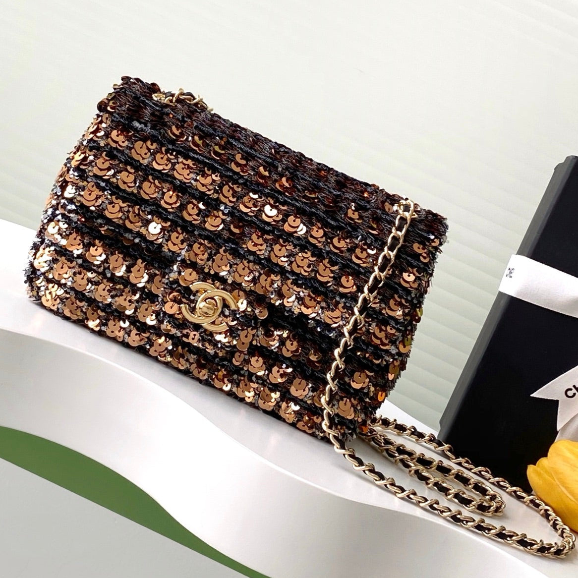 CHANEL 25C Black Bronze Sequin Gold Hardware