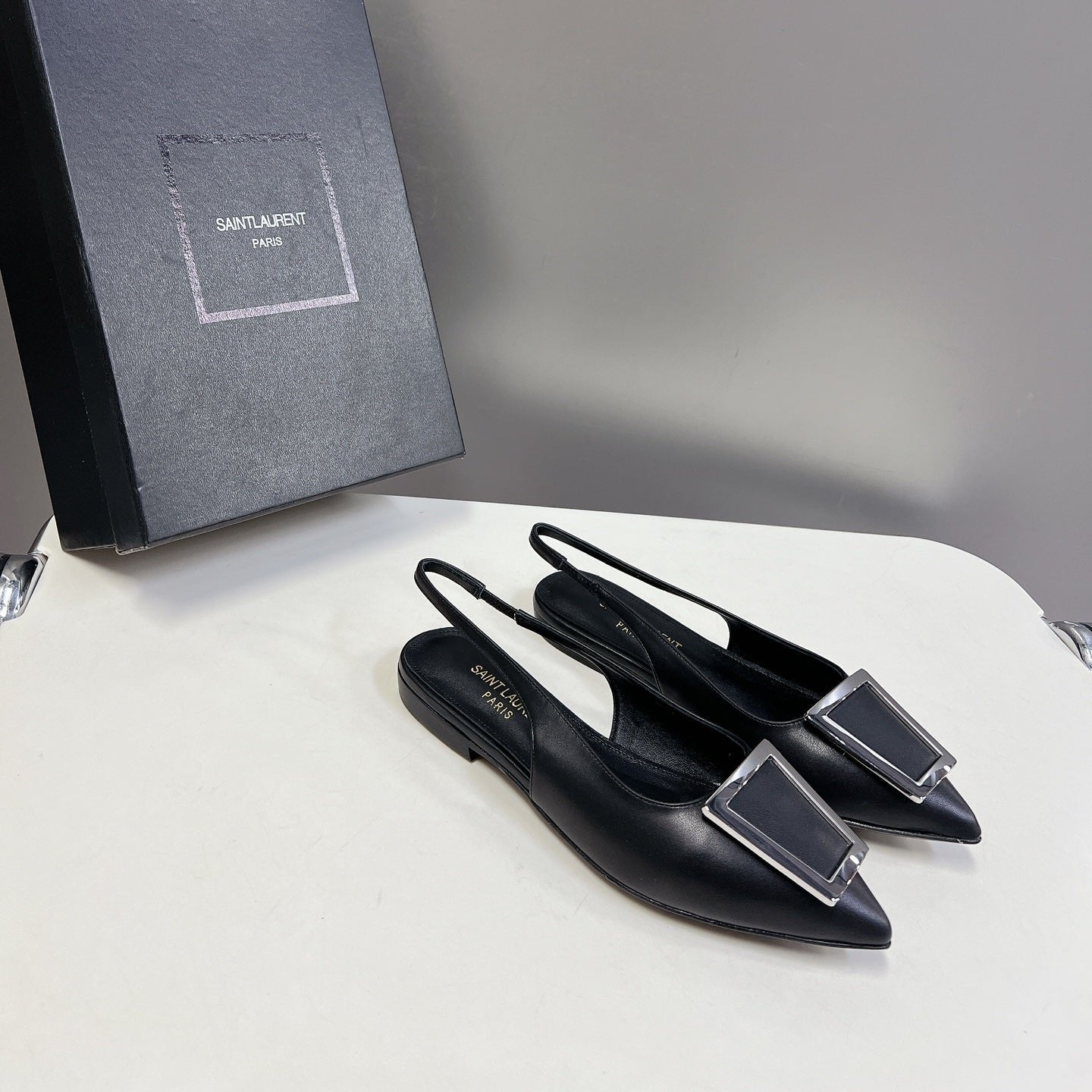 Saint Laurent SL SQUARE BUCKLE SLINGBACK BLACK CALFSKIN