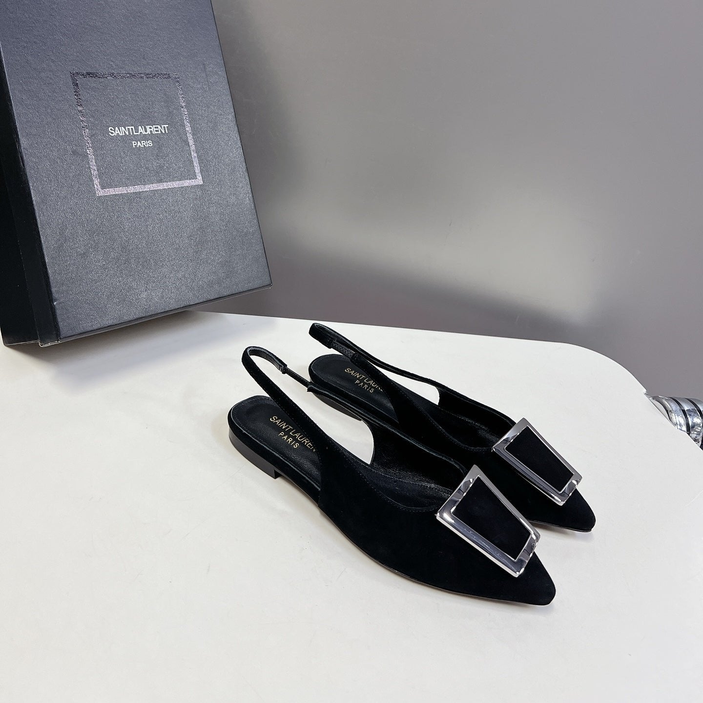 Saint Laurent SL SQUARE BUCKLE SLINGBACK BLACK SUEDE