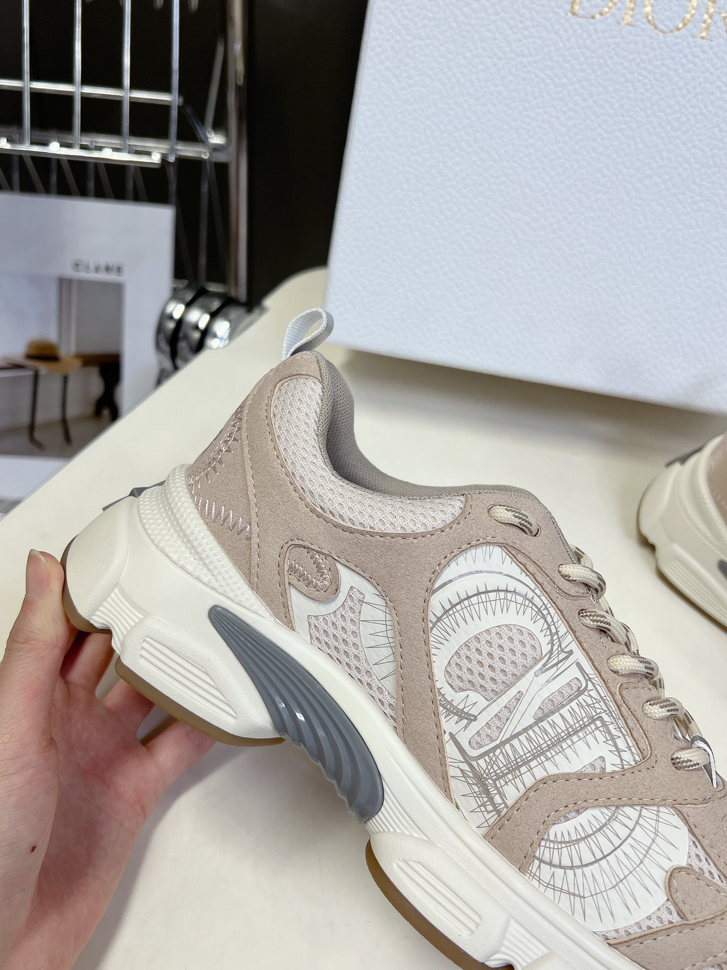 DIOR Chrono Sneaker In Beige Mesh Fabric And Suede 989683