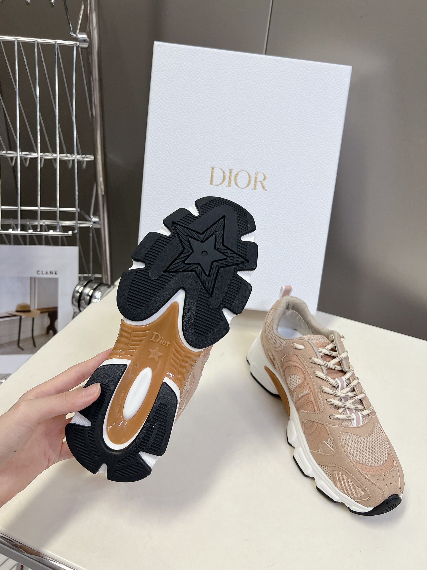 DIOR Chrono Sneaker In Nude Pink Mesh Fabric And Suede 989685