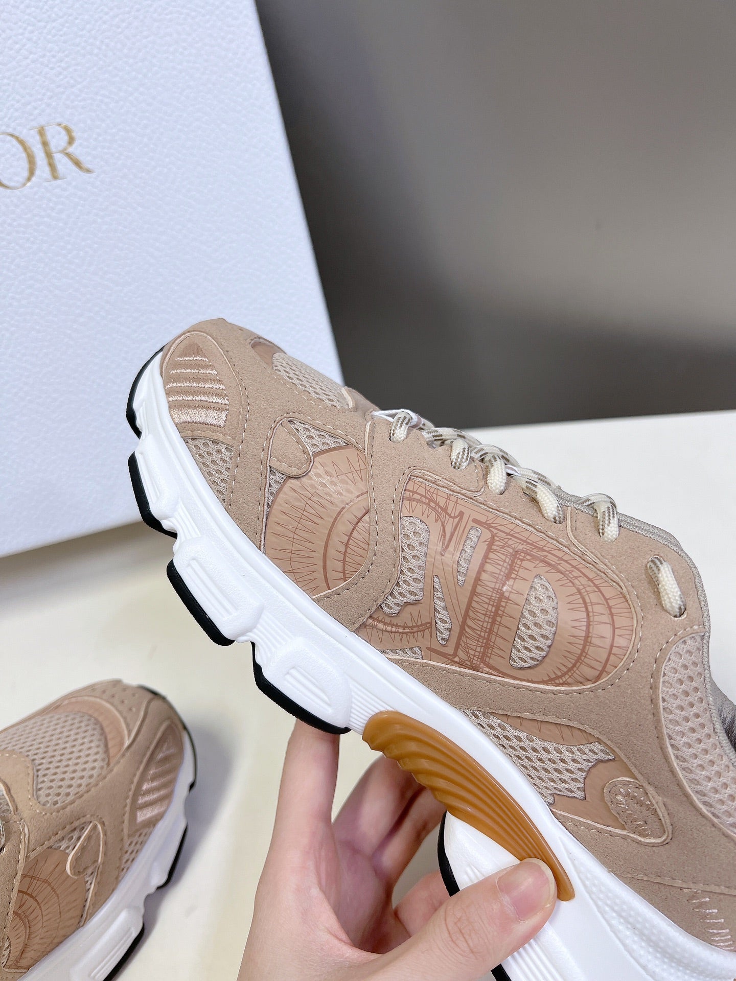 DIOR Chrono Sneaker In Nude Pink Mesh Fabric And Suede 989685