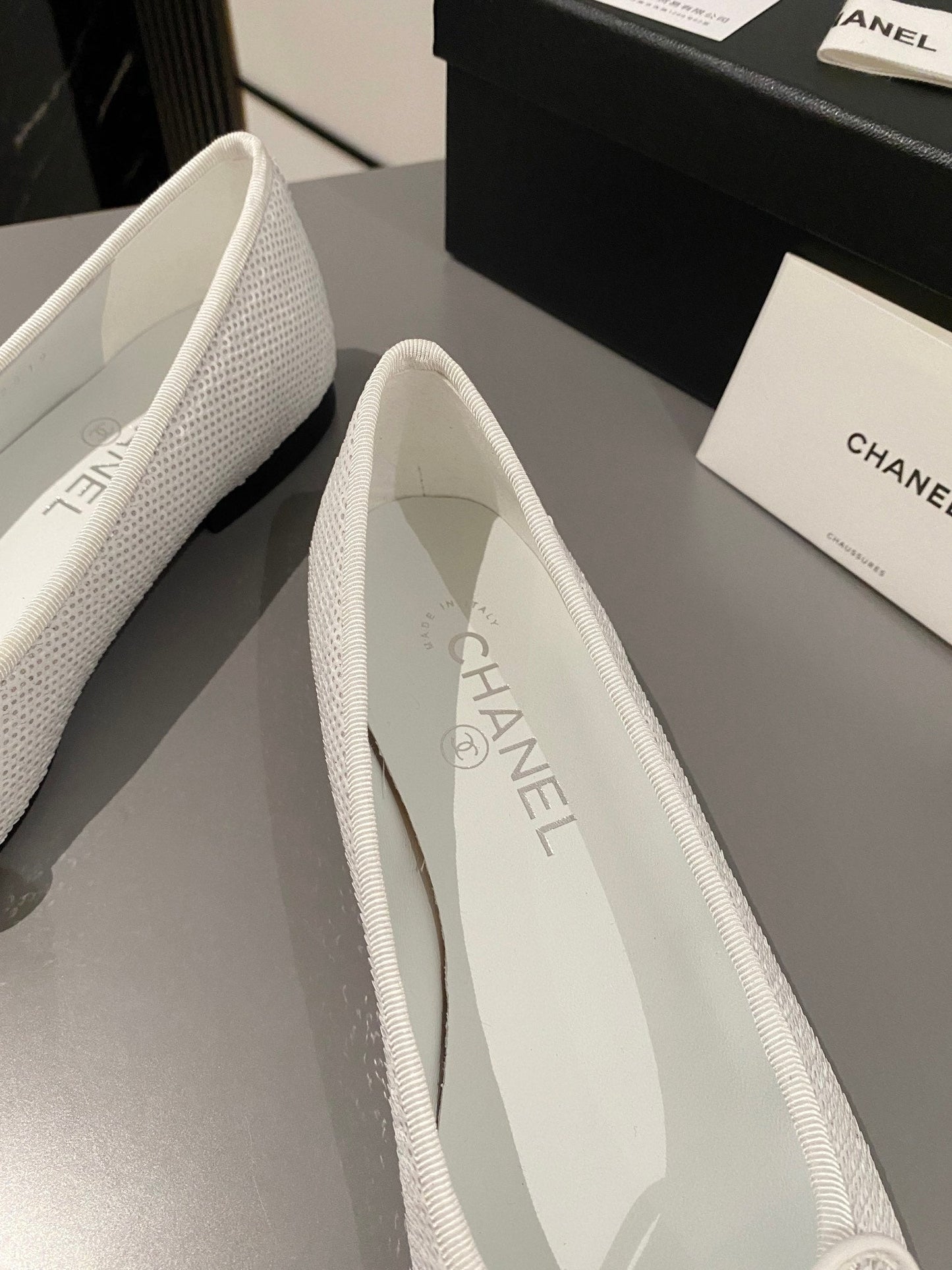 CHANEL ballet flat white glitter sequins black grosgrain