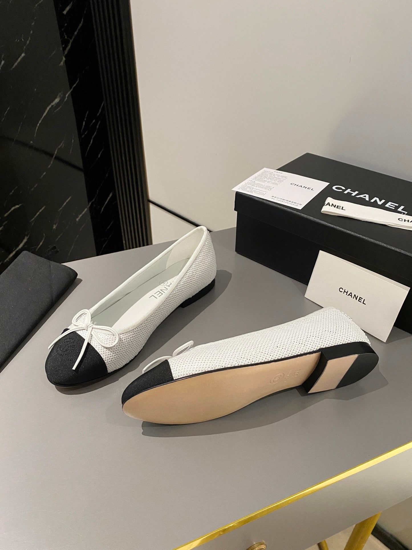 CHANEL ballet flat white glitter sequins black grosgrain