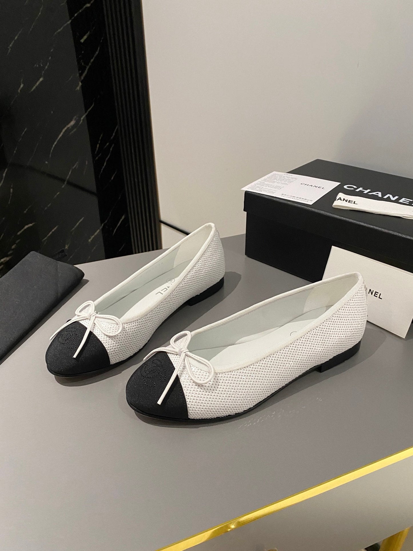 CHANEL ballet flat white glitter sequins black grosgrain