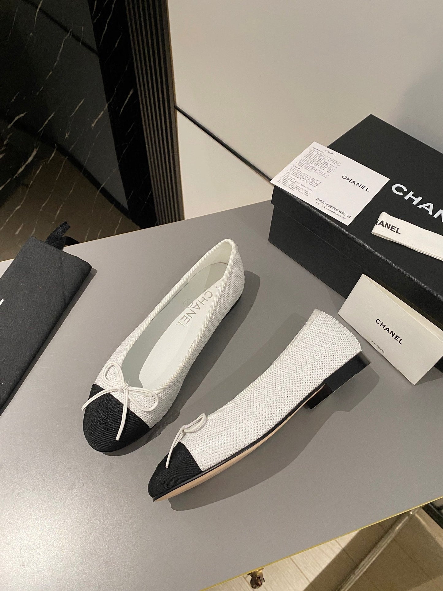 CHANEL ballet flat white glitter sequins black grosgrain