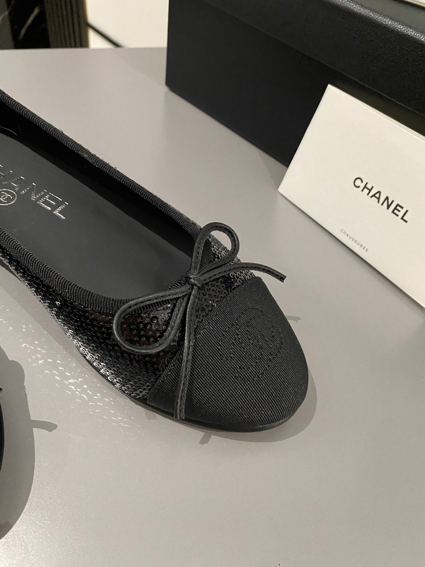 CHANEL ballet flat black glitter sequins grosgrain