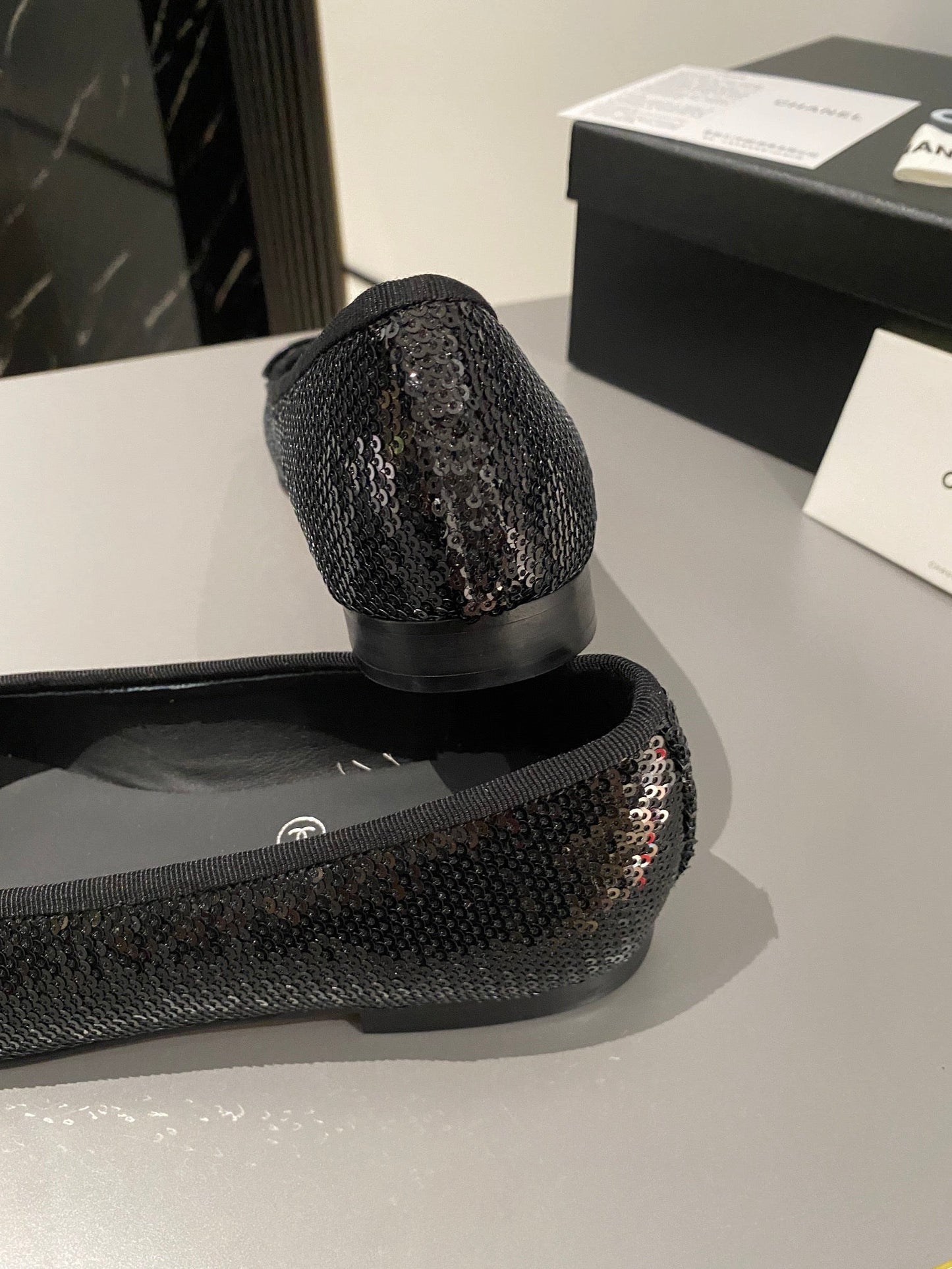 CHANEL ballet flat black glitter sequins grosgrain