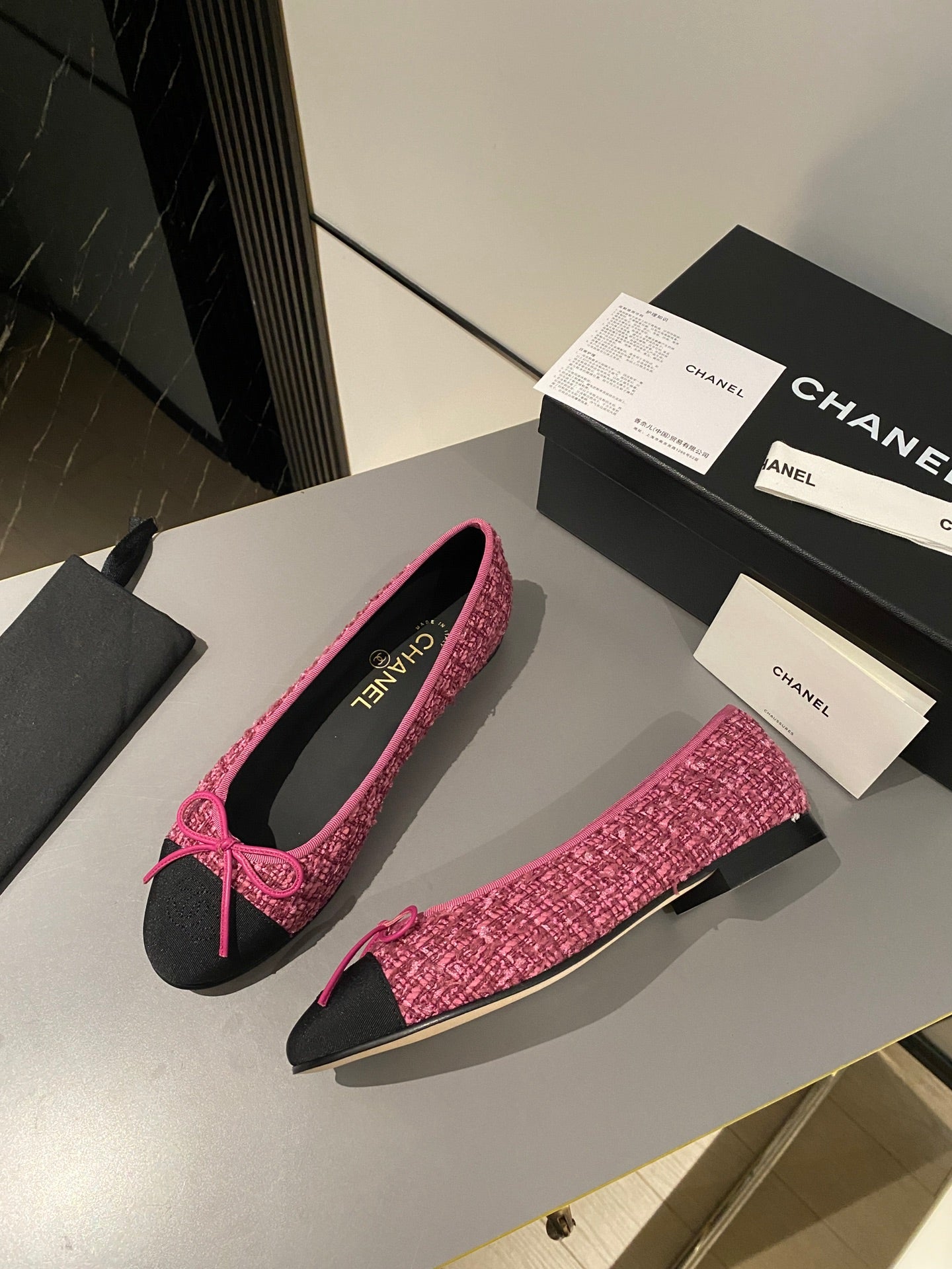 CHANEL ballet flat red tweed black grosgrain