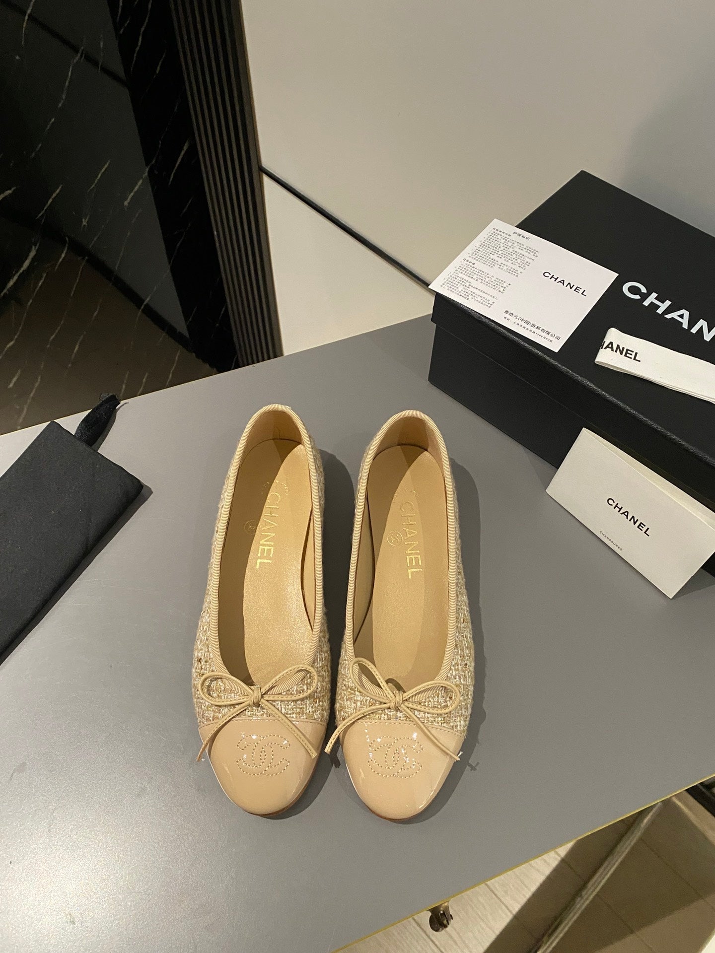 CHANEL ballet flat beige tweed patent calfskin