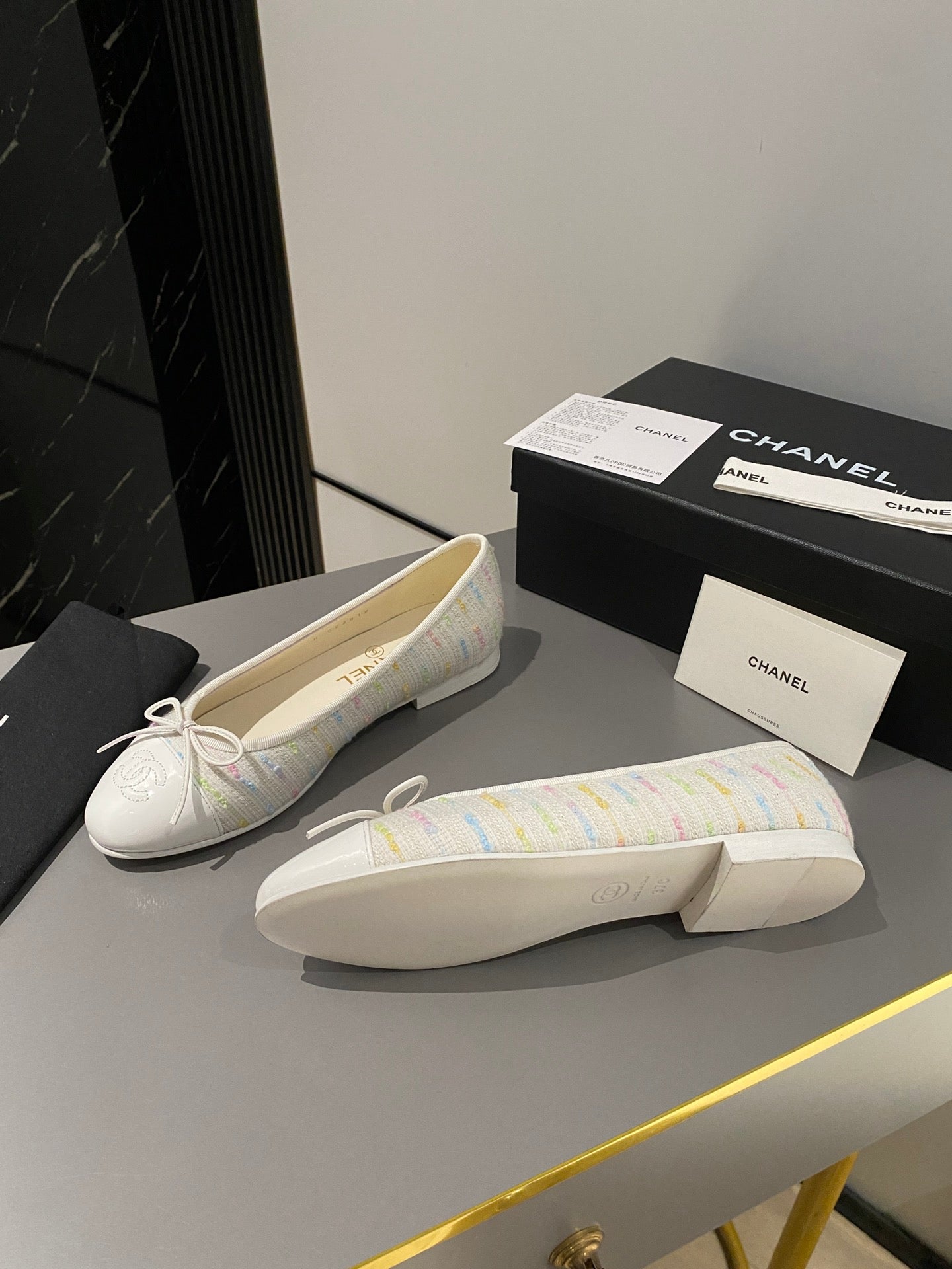 CHANEL ballet flat white cream embroidered fabric white calfskin
