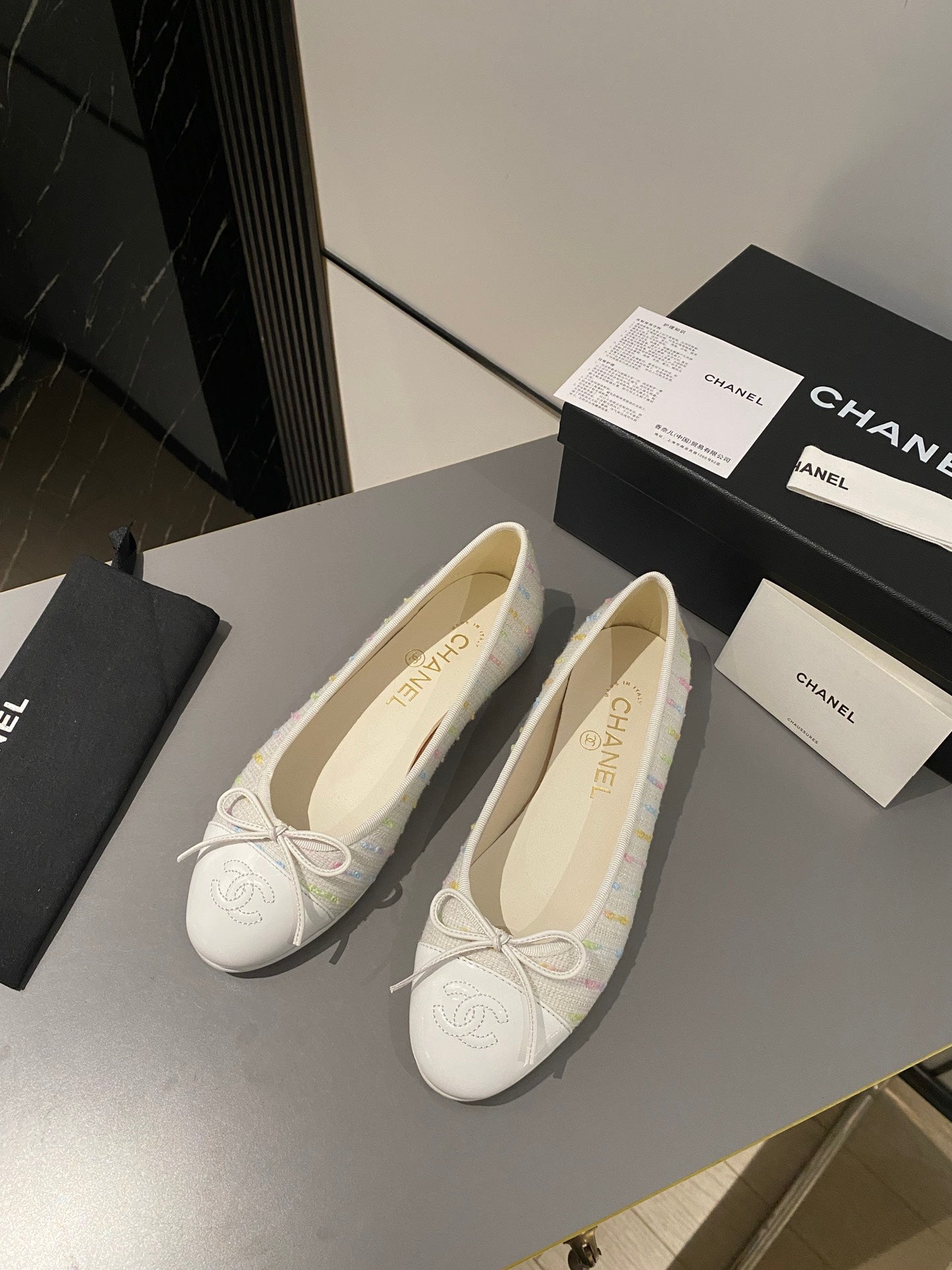 CHANEL ballet flat white cream embroidered fabric white calfskin