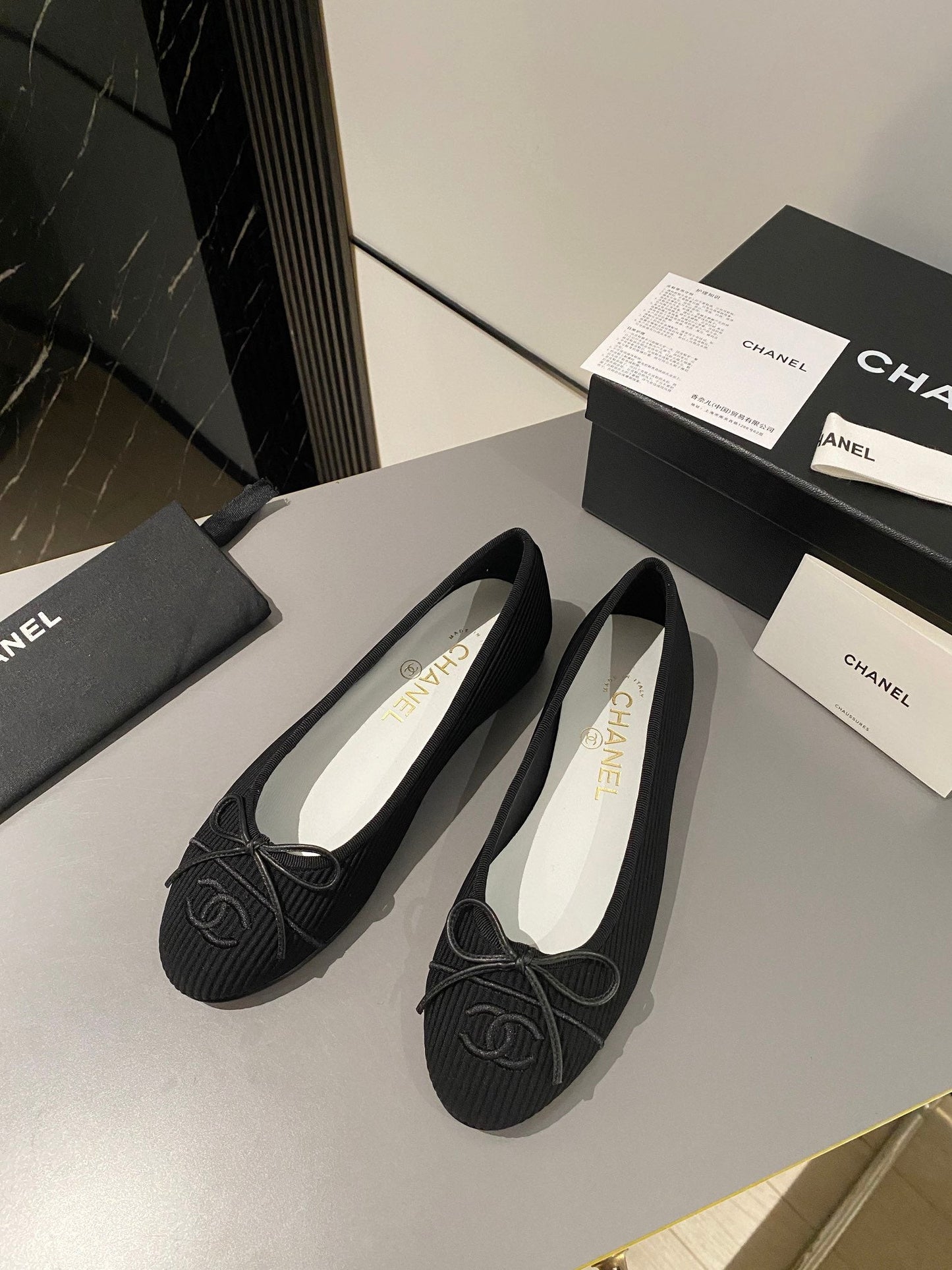 CHANEL ballet flat black embroidered fabric