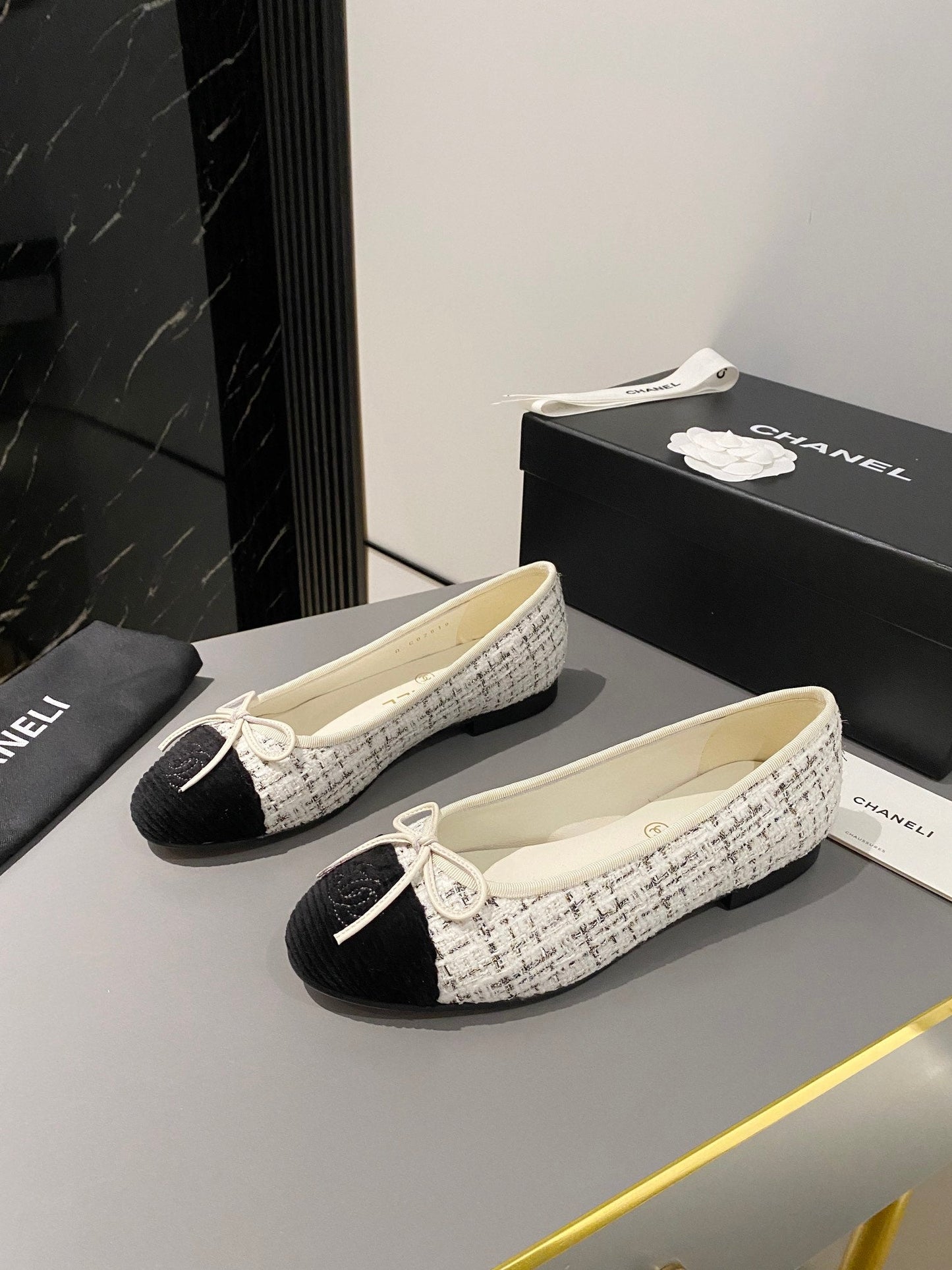CHANEL ballet flat white brown tweed black velvet