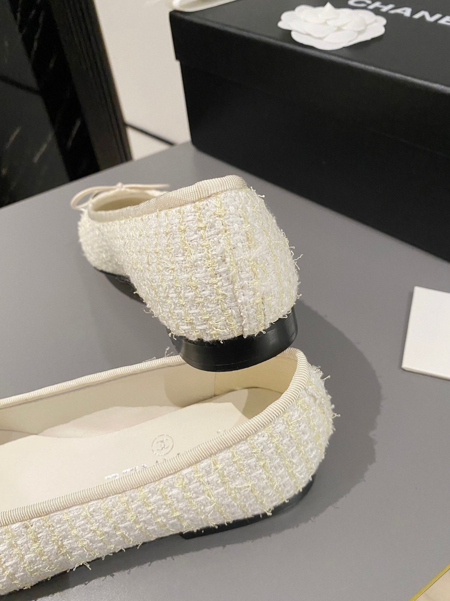 CHANEL ballet flat white brown tweed black velvet