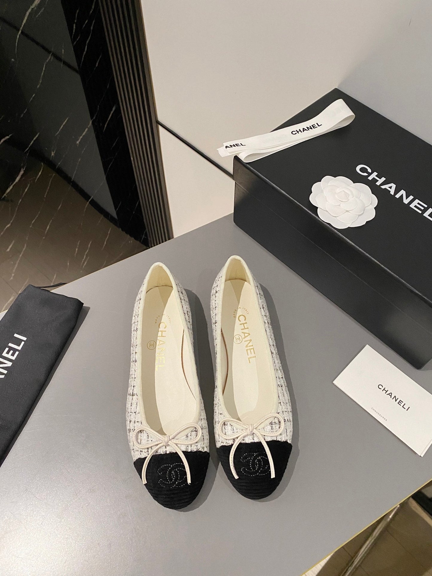 CHANEL ballet flat white brown tweed black velvet