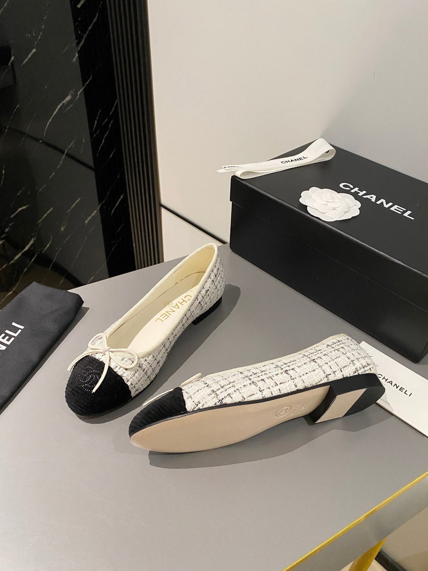 CHANEL ballet flat white brown tweed black velvet