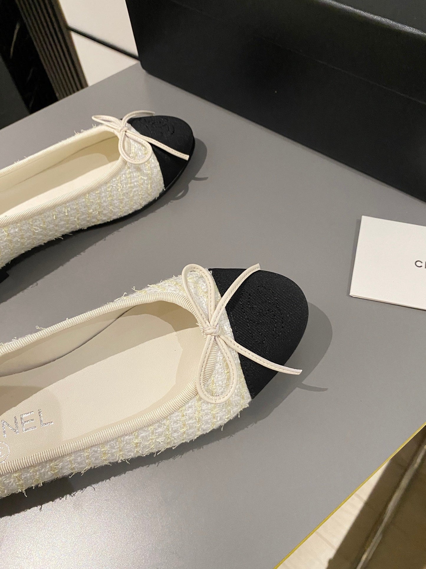 CHANEL ballet flat white gold tweed black grosgrain