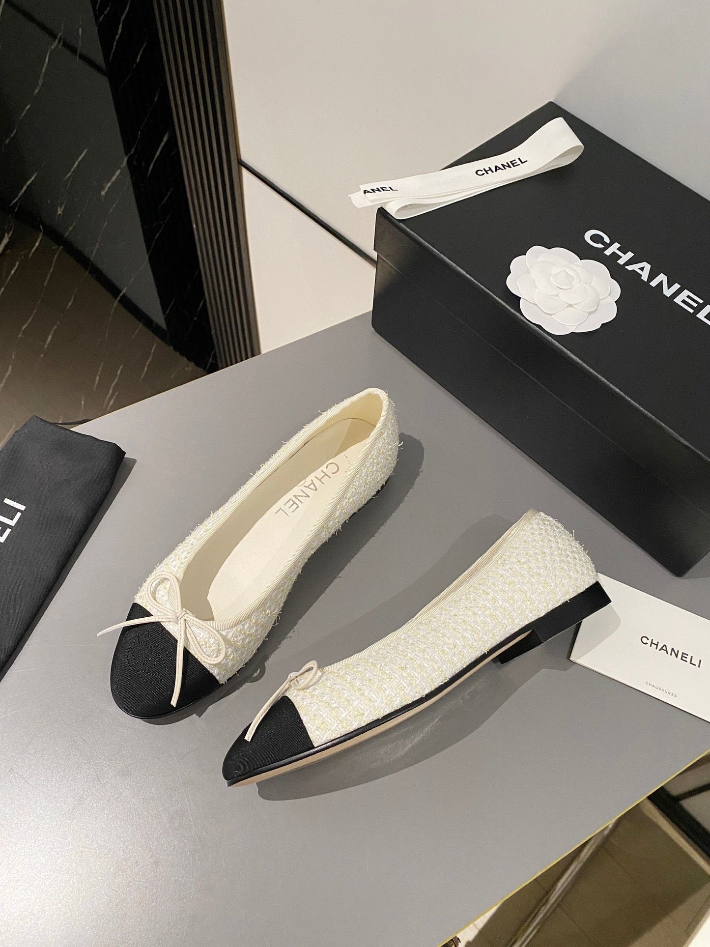 CHANEL ballet flat white gold tweed black grosgrain