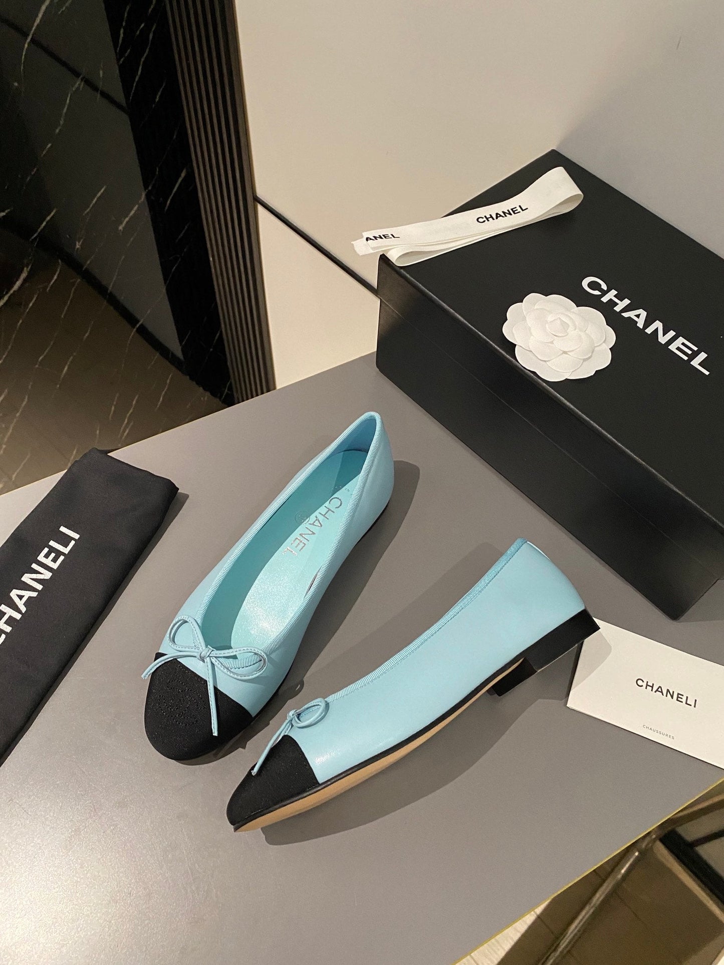 CHANEL ballet flat tiffany blue calfskin black grosgrain