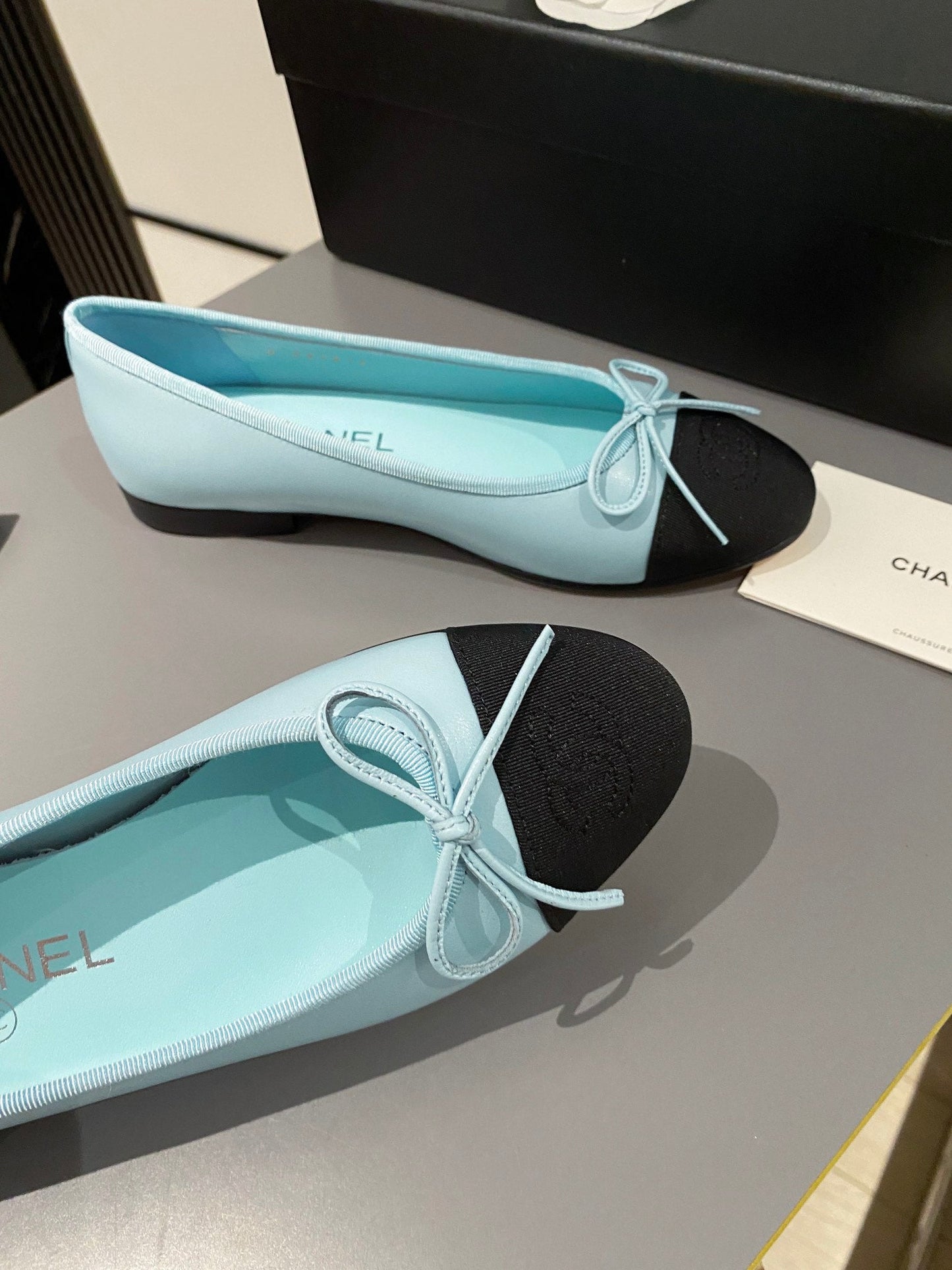 CHANEL ballet flat tiffany blue calfskin black grosgrain