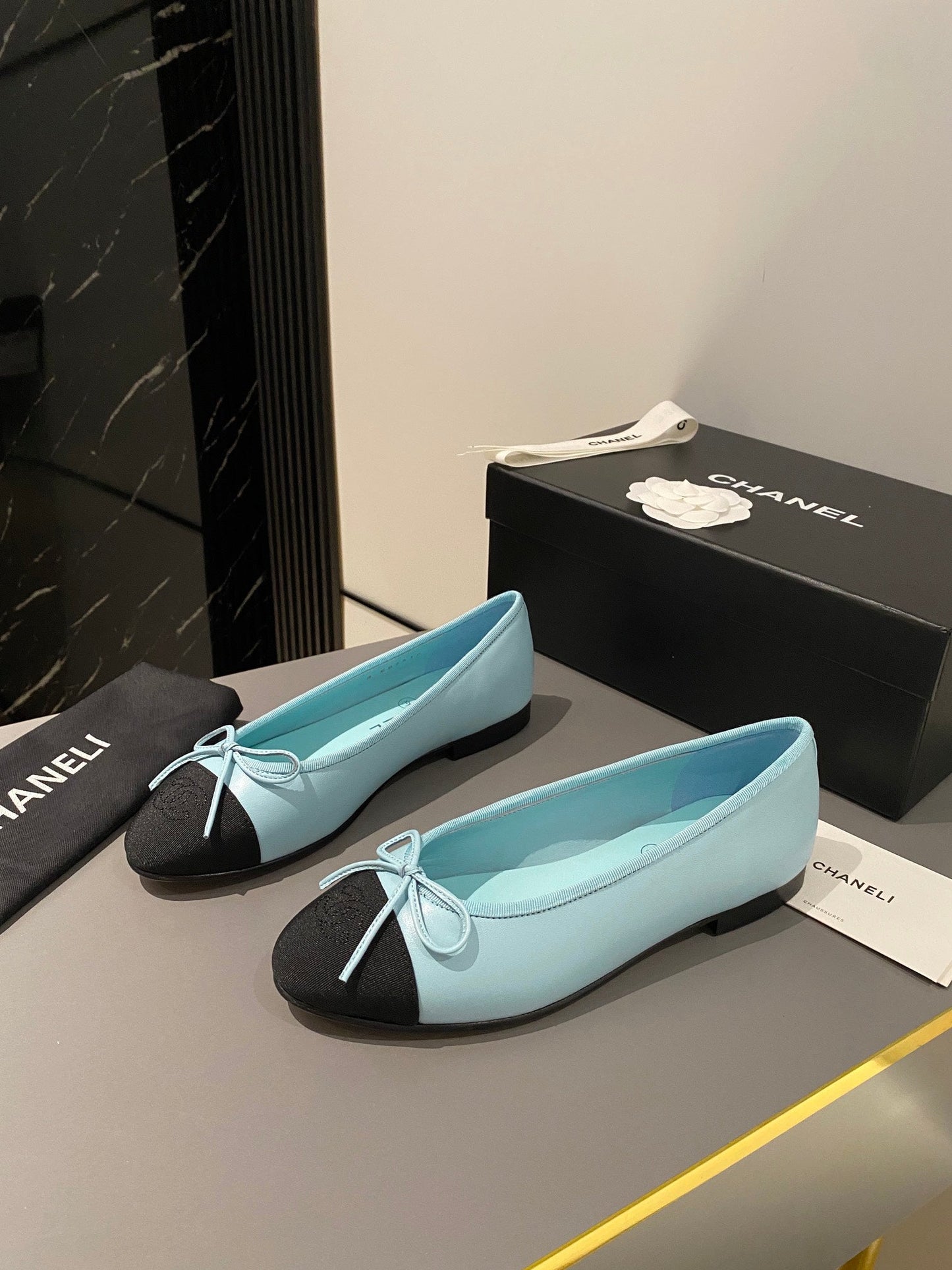 CHANEL ballet flat tiffany blue calfskin black grosgrain