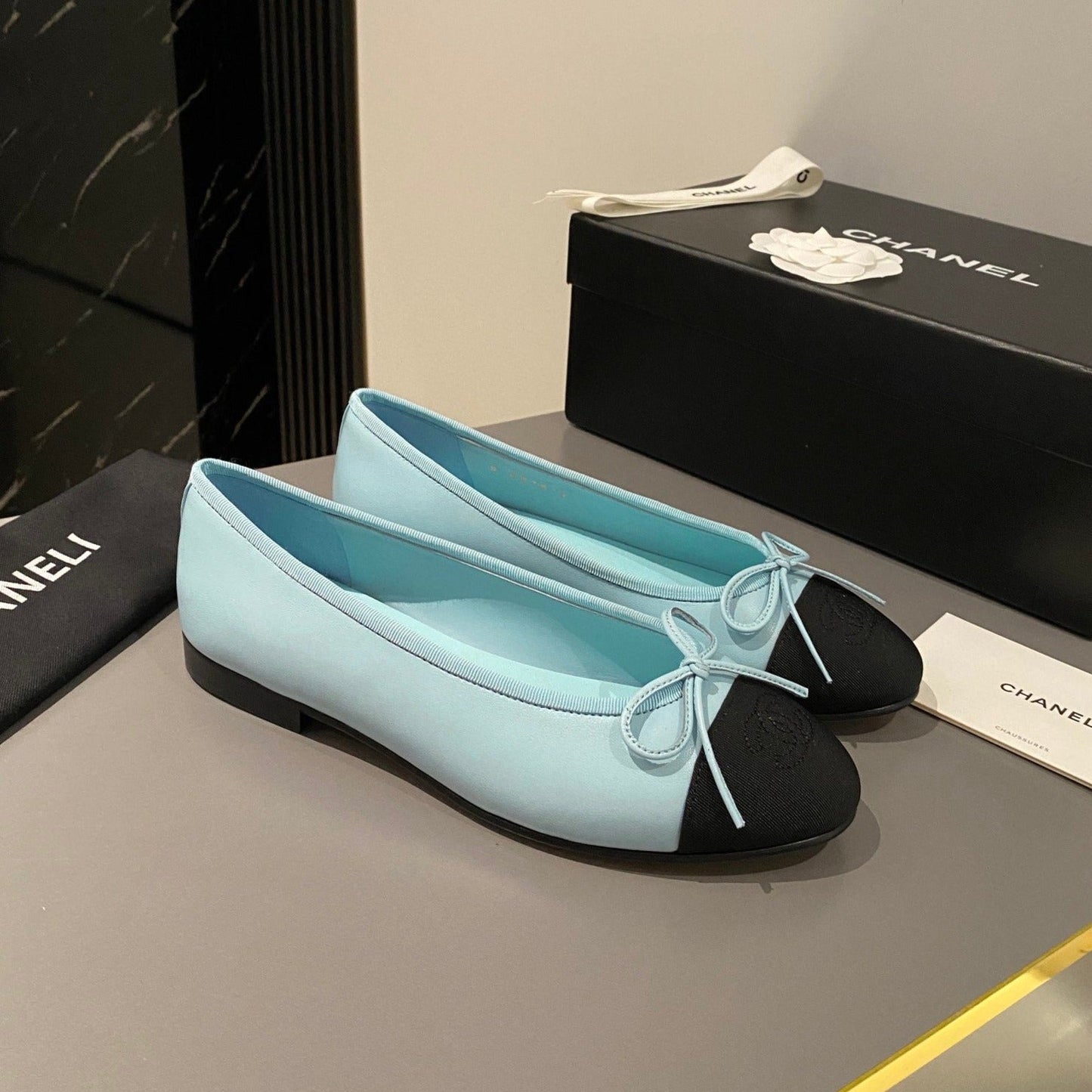 CHANEL ballet flat tiffany blue calfskin black grosgrain