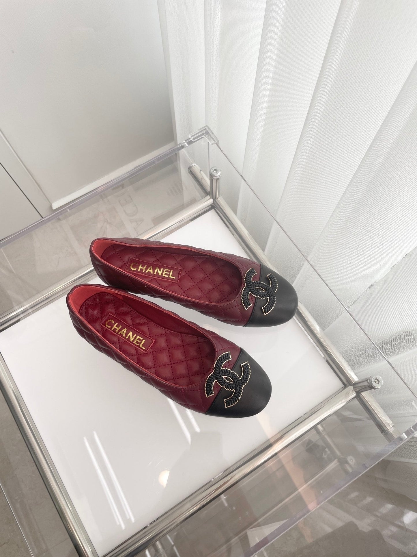 CHANEL Ballet Flats 10mm Burgundy Black Quilted Lambskin