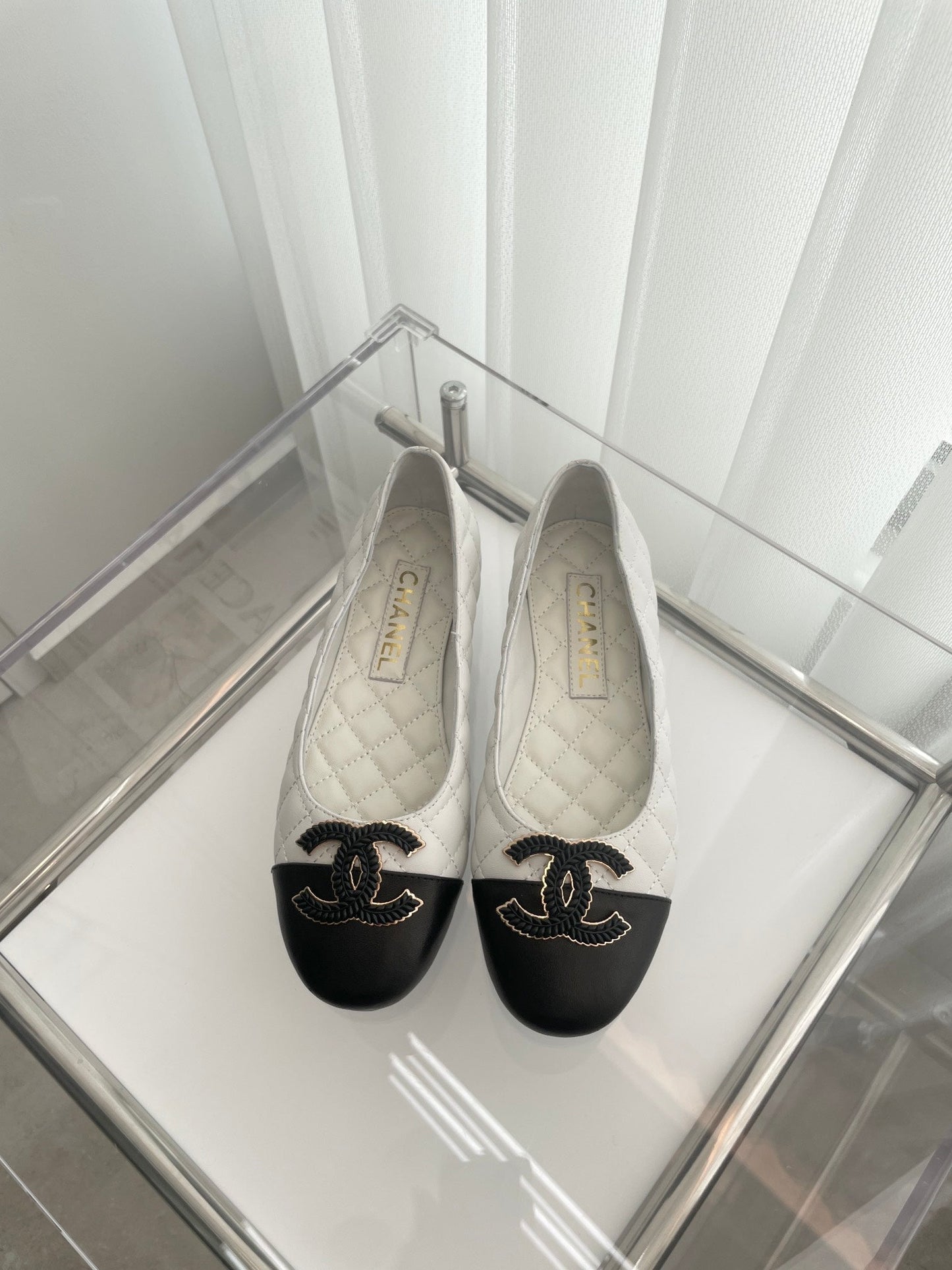 CHANEL Ballet Flats 10mm White Black Quilted Lambskin