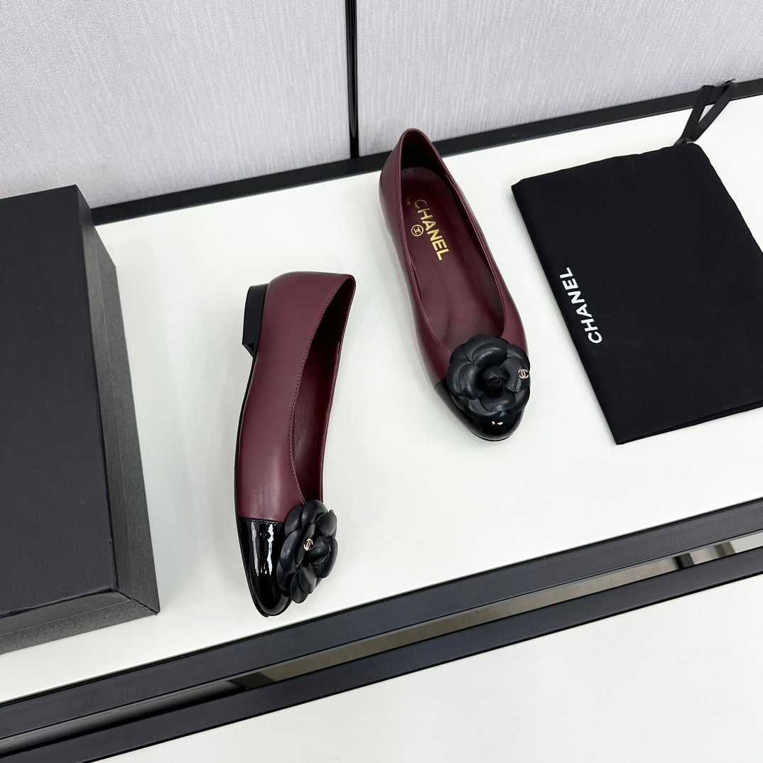 CHANEL ballet flat flower burgundy calfskin black patent calfskin