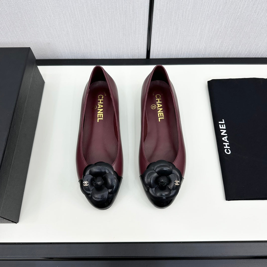 CHANEL ballet flat flower burgundy calfskin black patent calfskin