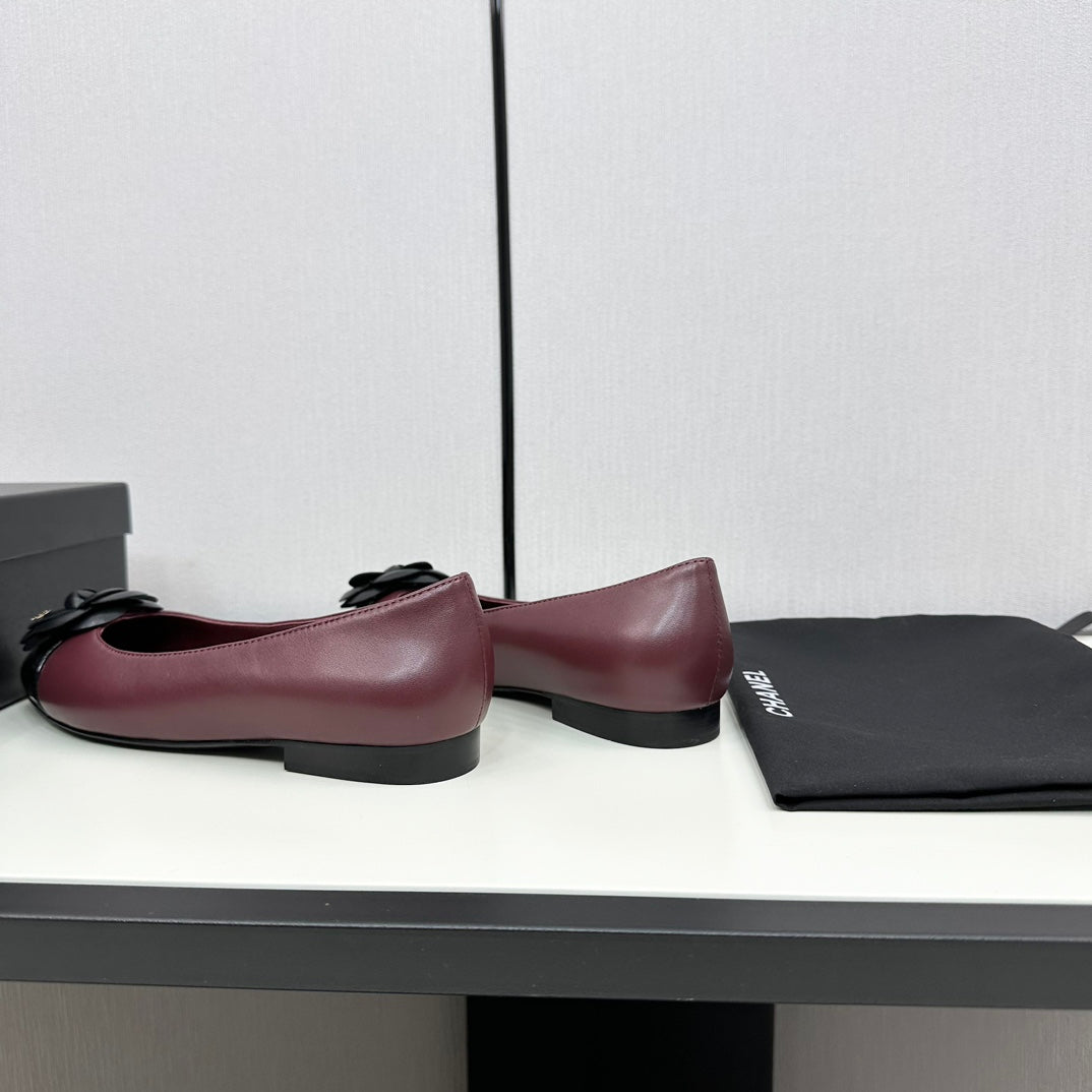CHANEL ballet flat flower burgundy calfskin black patent calfskin