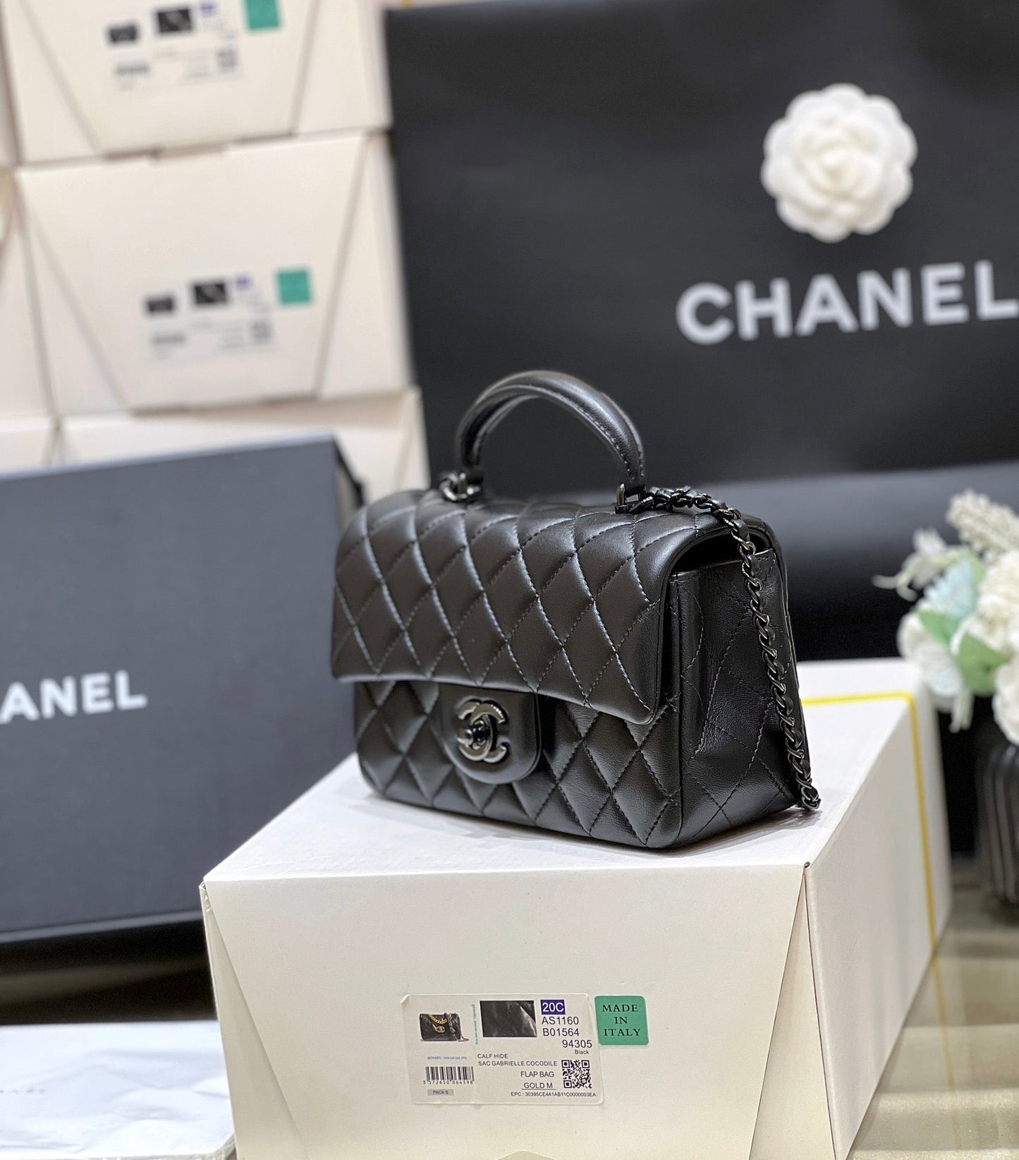 CHANEL 25C Mini Flap Bag Top Handle 20cm Black Lambskin Black Hardware