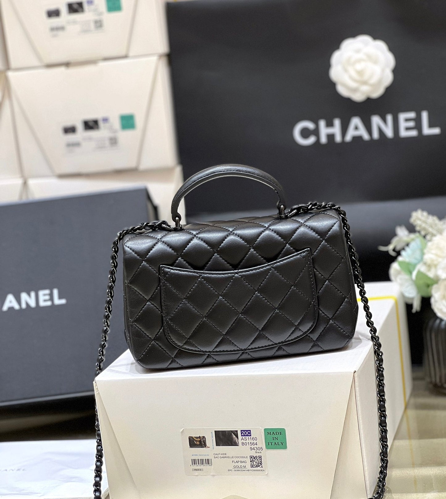 CHANEL 25C Mini Flap Bag Top Handle 20cm Black Lambskin Black Hardware