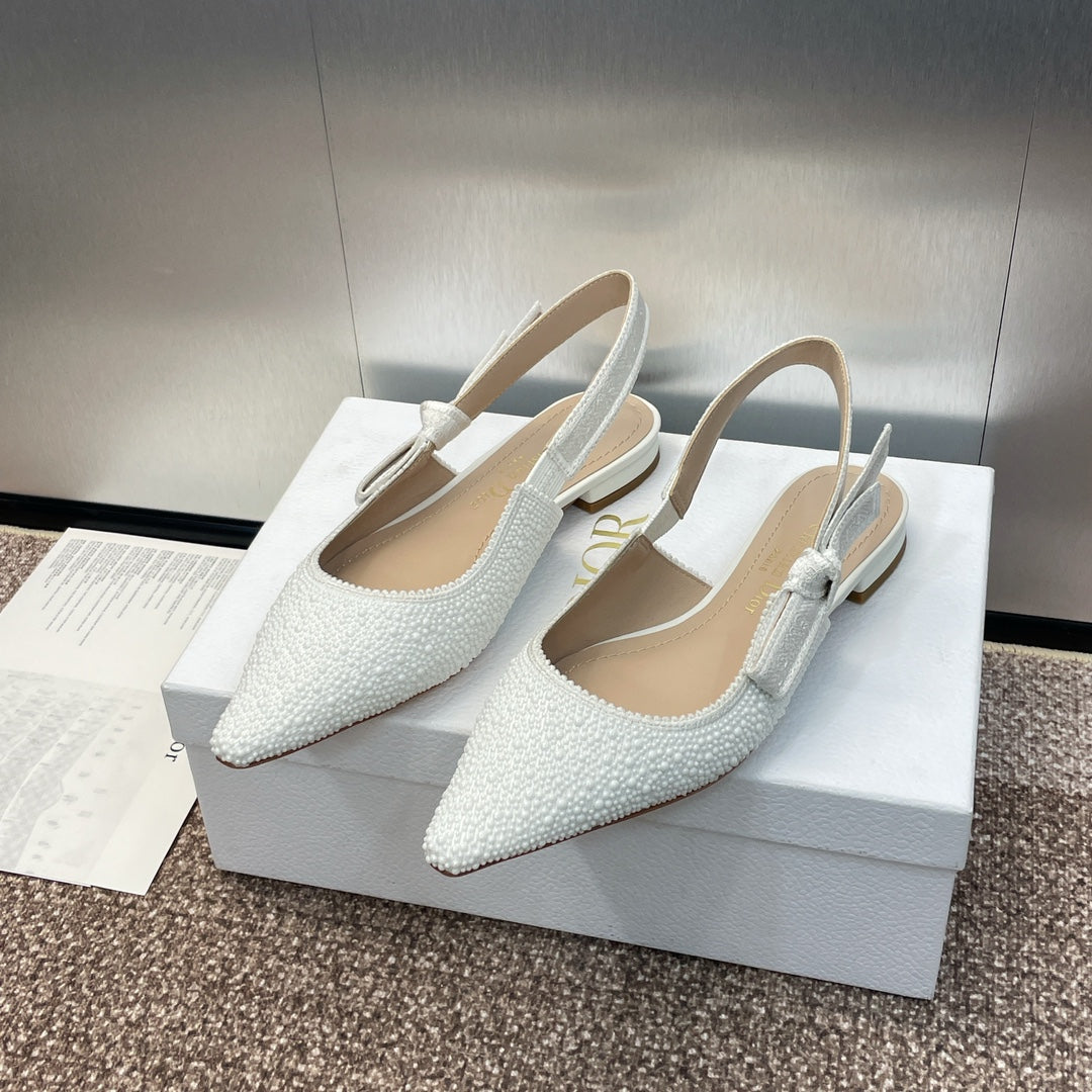 DIOR slingback flat embroidered cotton white calfskin resin pearl